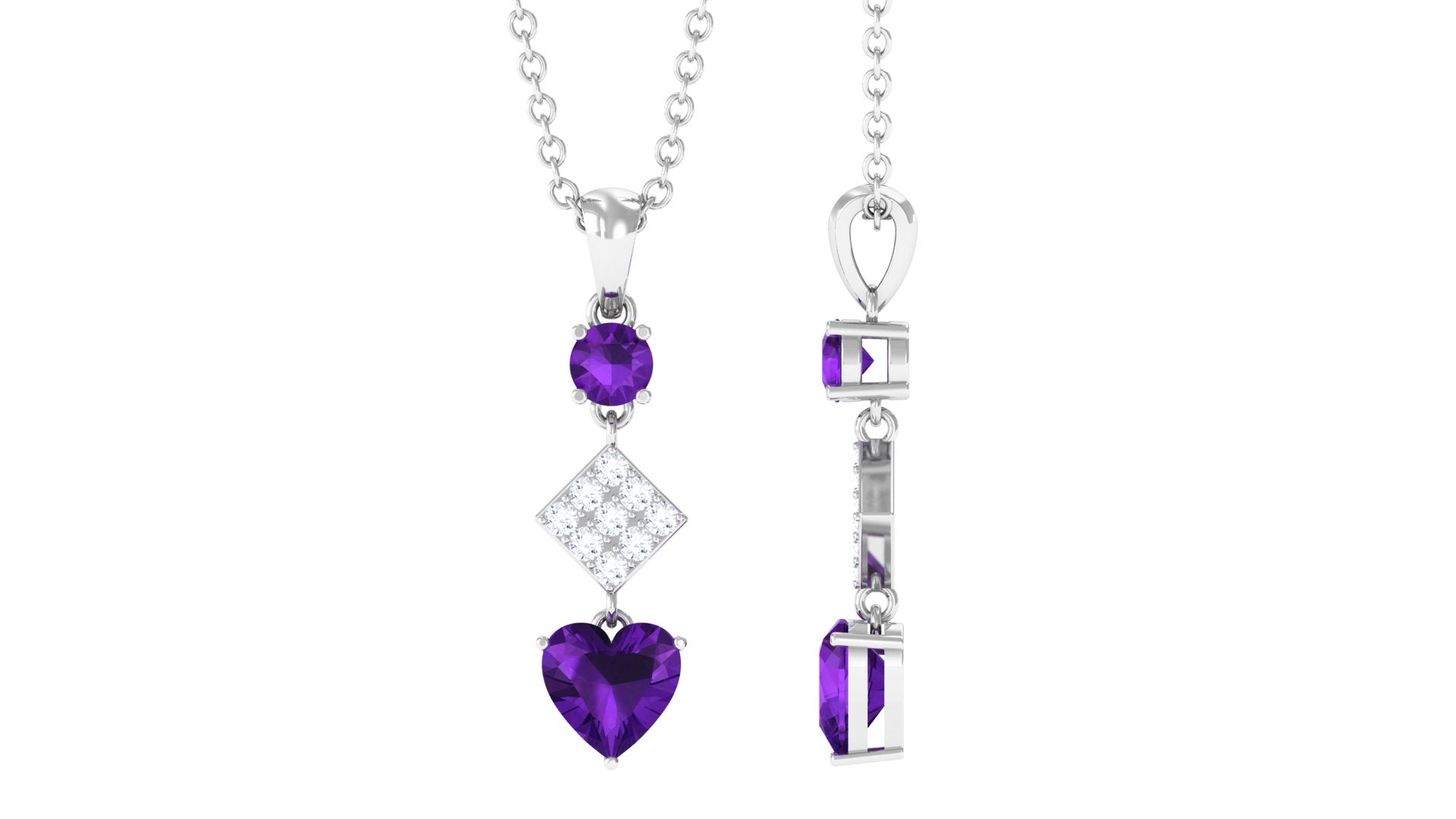 Round and Heart Shape Amethyst Dangle Pendant with Diamond Amethyst - ( AAA ) - Quality - Rosec Jewels