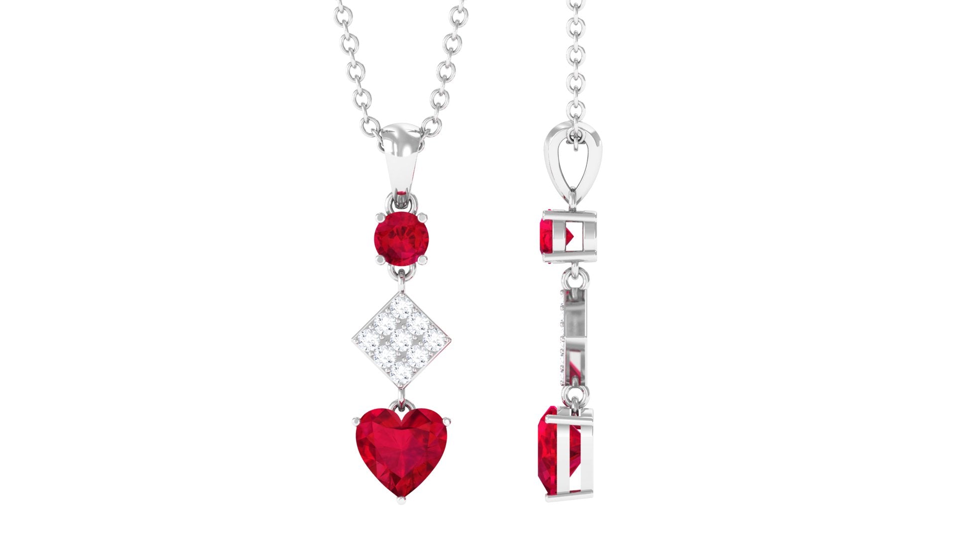 Round and Heart Shape Created Ruby Dangle Pendant with Diamond Lab Created Ruby - ( AAAA ) - Quality - Rosec Jewels