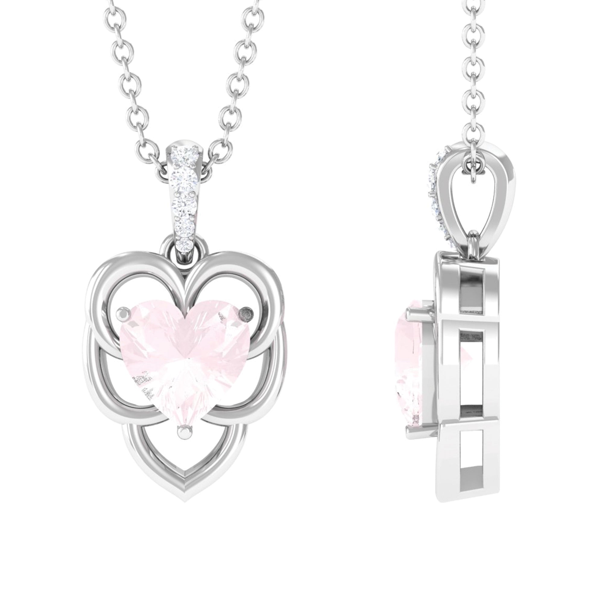 Heart Shape Solitaire Rose Quartz Pendant with Diamond Rose Quartz - ( AAA ) - Quality - Rosec Jewels
