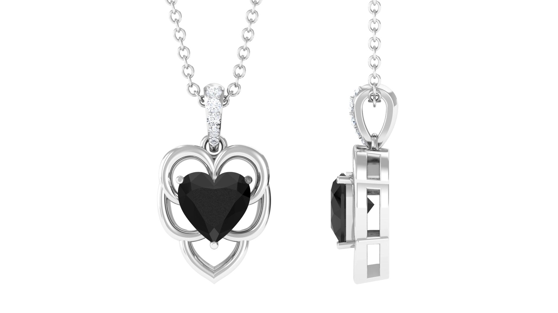Heart Shape Black Onyx Solitaire Pendant Necklace with Diamond Black Onyx - ( AAA ) - Quality - Rosec Jewels