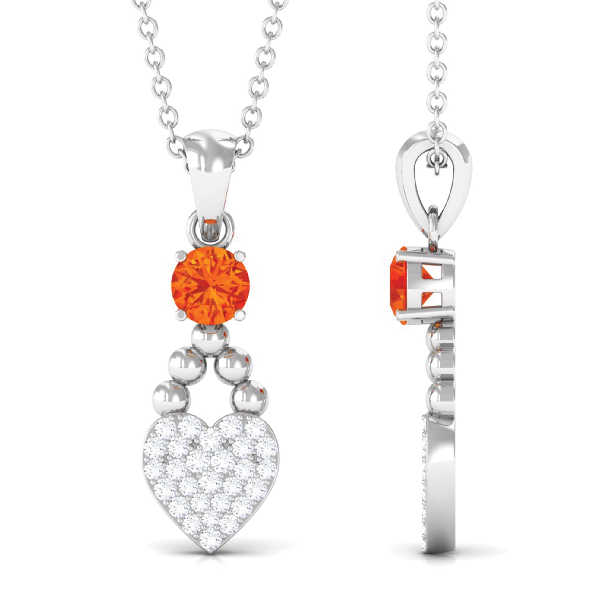 Round Orange Sapphire and Diamond Heart Drop Pendant Orange Sapphire - ( AAA ) - Quality - Rosec Jewels