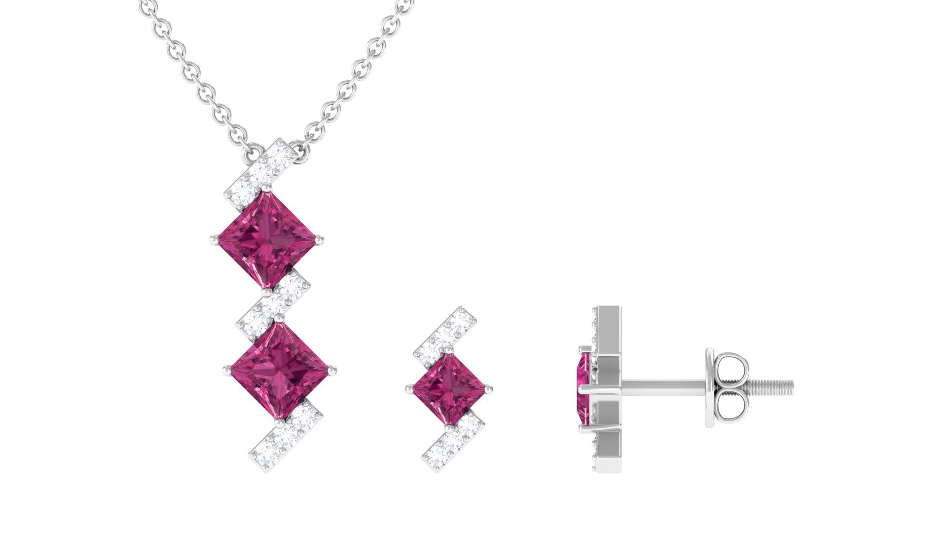 Princess Cut Pink Tourmaline Modern Jewelry Set with Diamond Pink Tourmaline - ( AAA ) - Quality - Rosec Jewels