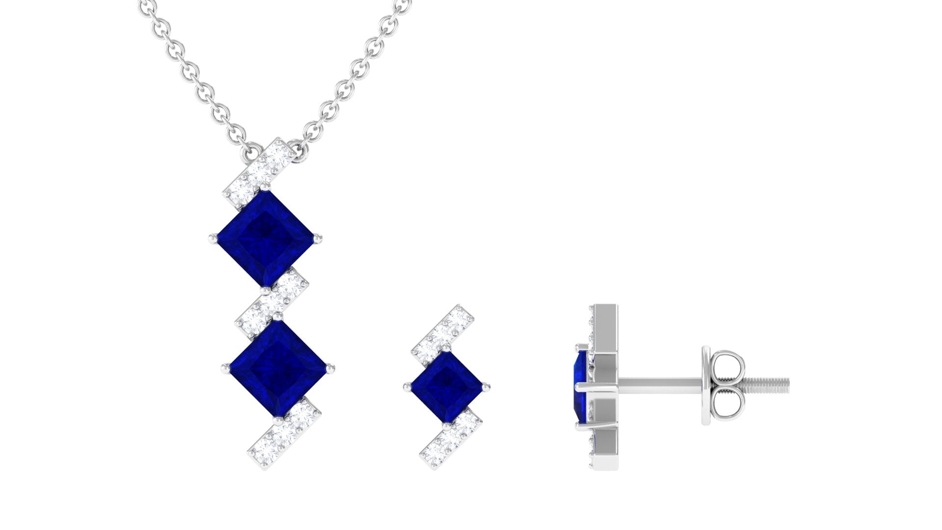 Princess Cut Created Blue Sapphire Modern Jewelry Set with Diamond Lab Created Blue Sapphire - ( AAAA ) - Quality - Rosec Jewels