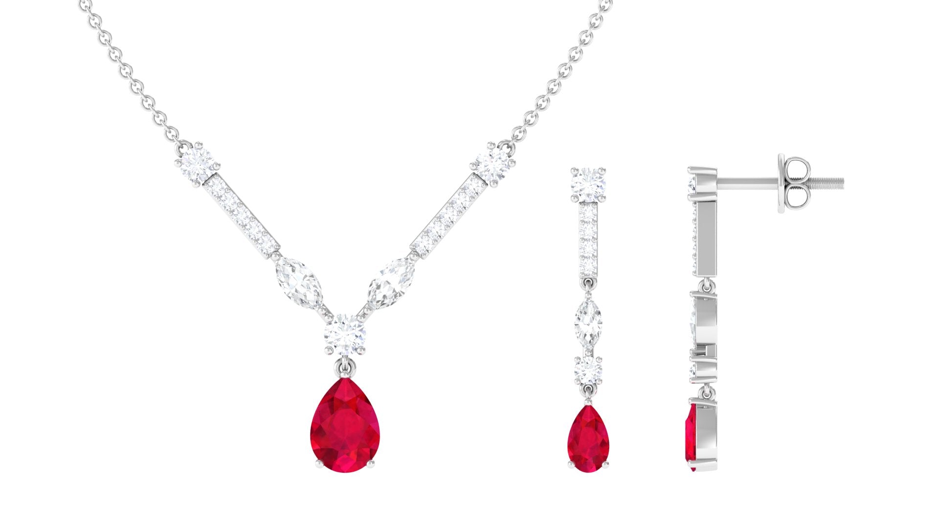Created Ruby and Moissanite Drop Necklace Earrings Set Lab Created Ruby - ( AAAA ) - Quality - Rosec Jewels