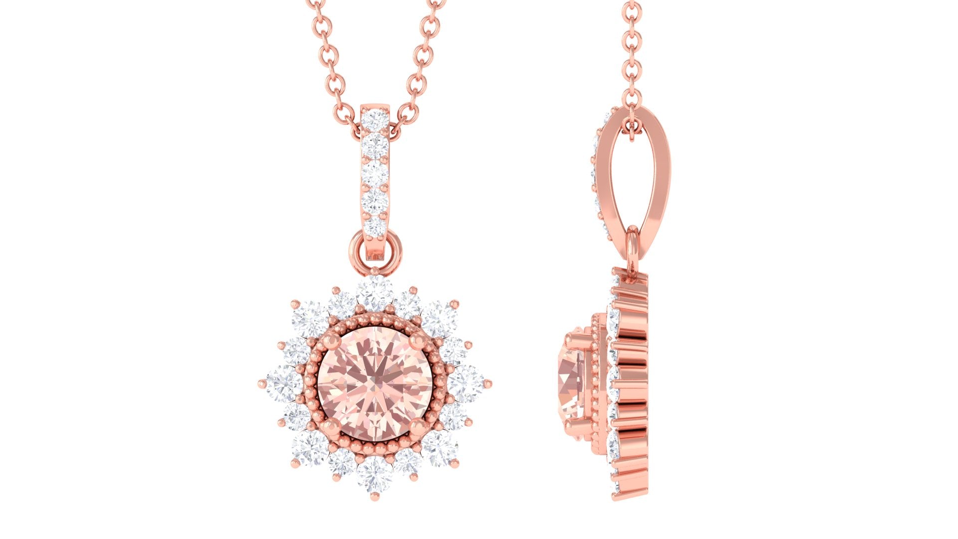 Round Morganite and Diamond Halo Pendant Necklace Morganite - ( AAA ) - Quality - Rosec Jewels
