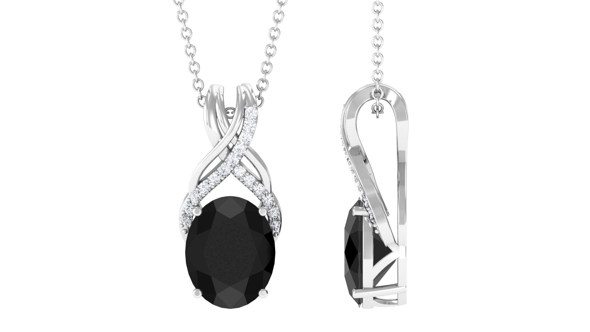 Designer Oval Black Onyx Solitaire Pendant with Diamond Twisted Bail Black Onyx - ( AAA ) - Quality - Rosec Jewels