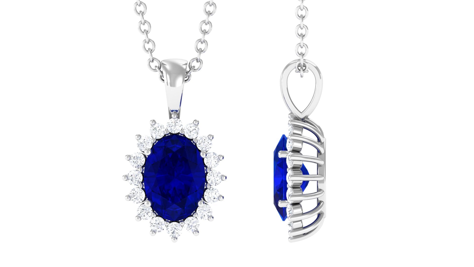 Oval Cut Created Blue Sapphire Halo Pendant Necklace with Diamond Lab Created Blue Sapphire - ( AAAA ) - Quality - Rosec Jewels