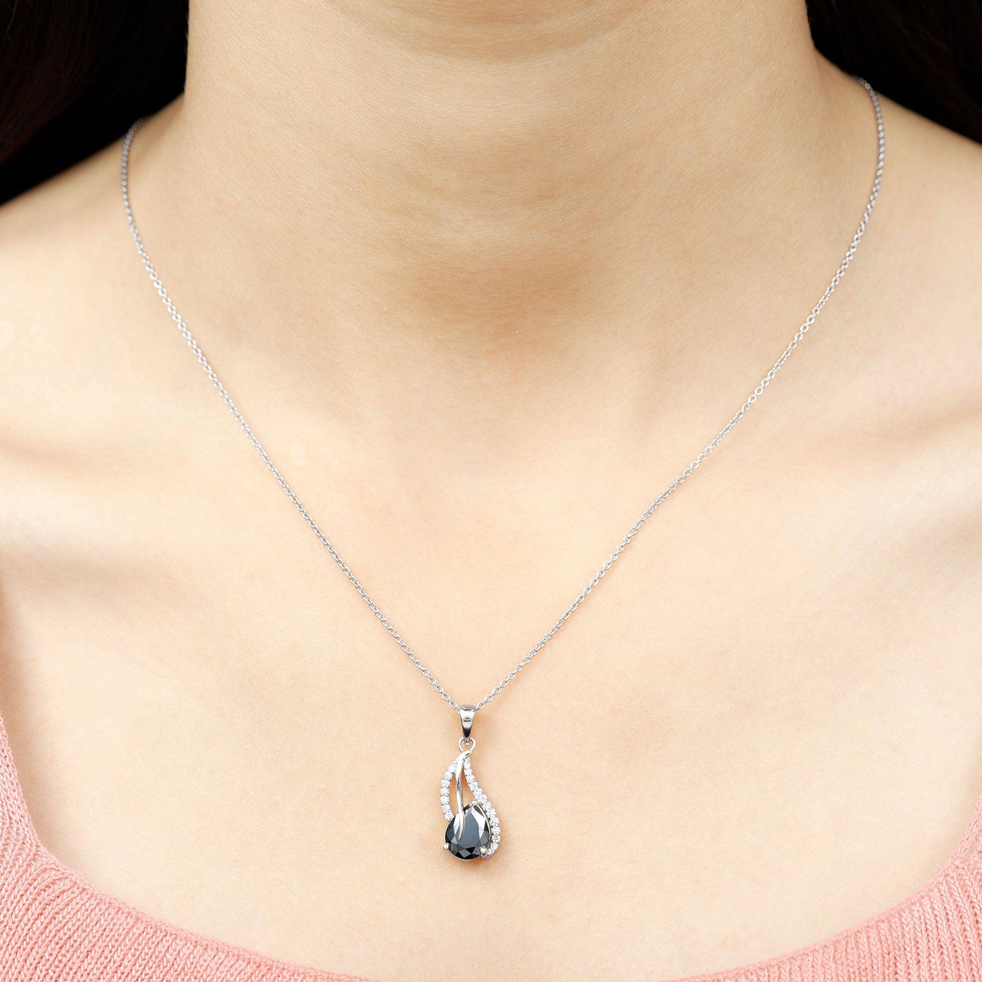 Pear Shaped Black Onyx and Diamond Leaf Pendant Necklace Black Onyx - ( AAA ) - Quality - Rosec Jewels