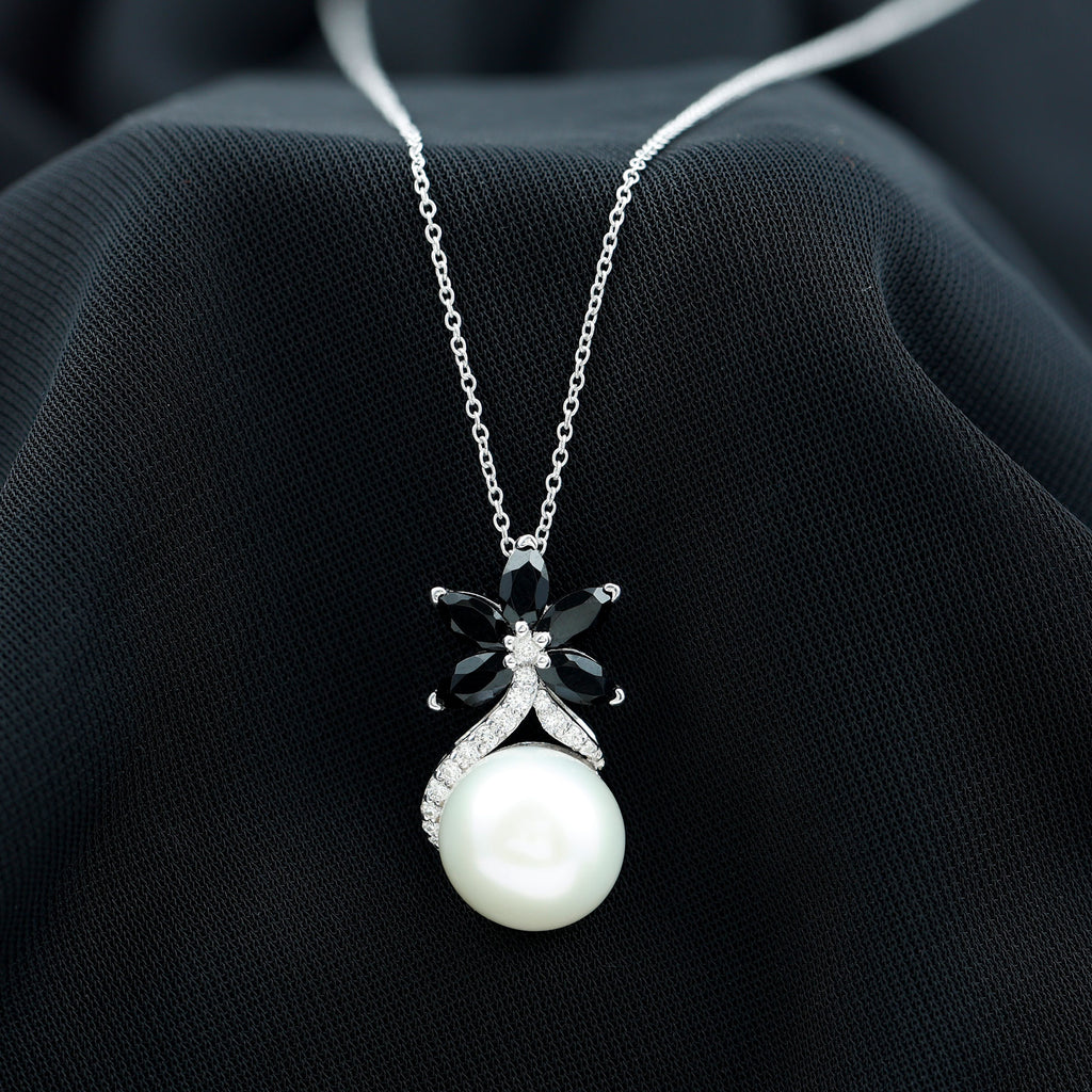 Floral Inspired Freshwater Pearl and Black Onyx Pendant with Moissanite Accent Freshwater Pearl - ( AAA ) - Quality - Rosec Jewels