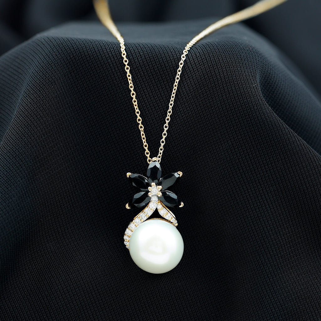 Floral Inspired Freshwater Pearl and Black Onyx Pendant with Moissanite Accent Freshwater Pearl - ( AAA ) - Quality - Rosec Jewels
