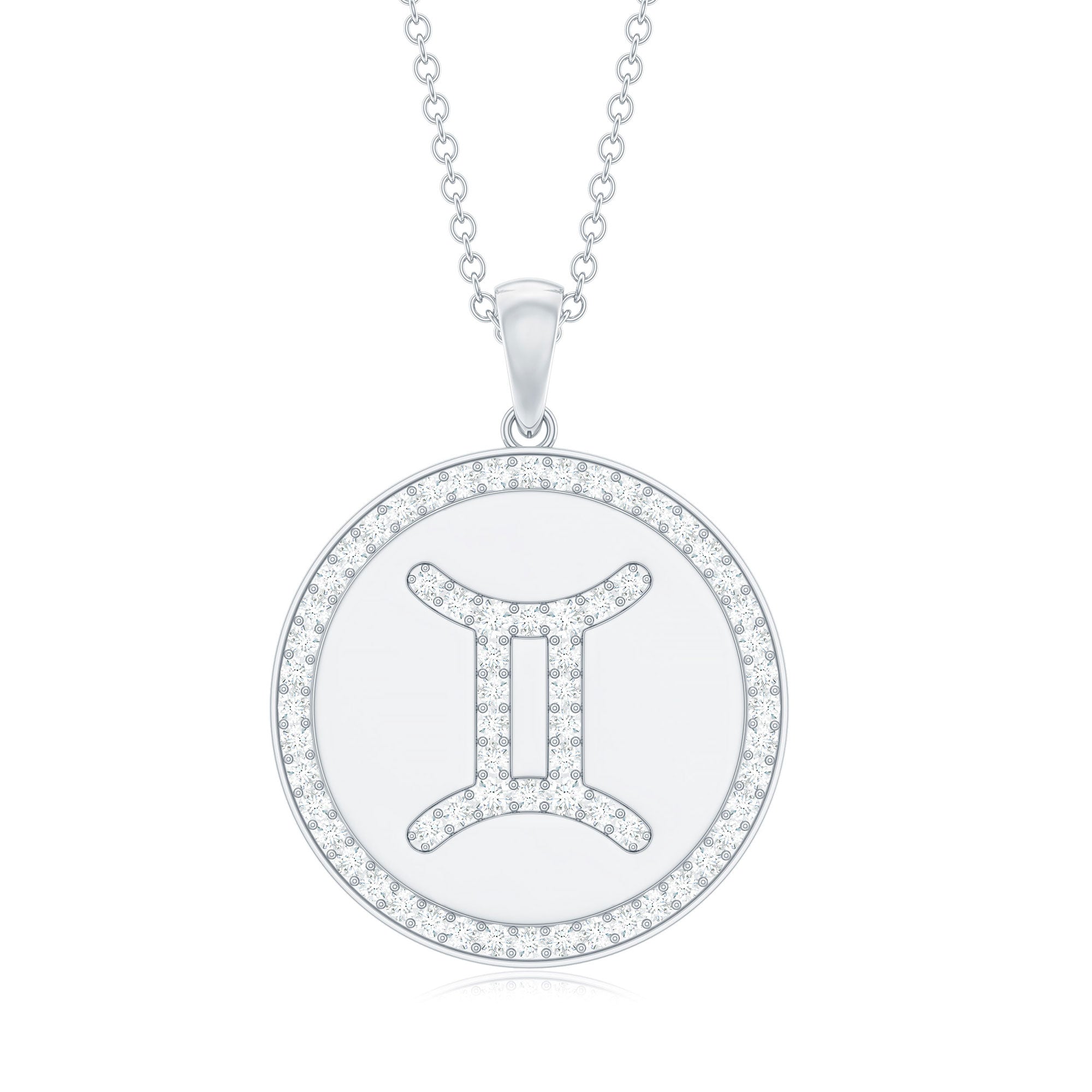 Gemini Zodiac Sign Disc Pendant with Pave Set Moissanite Moissanite - ( D-VS1 ) - Color and Clarity - Rosec Jewels