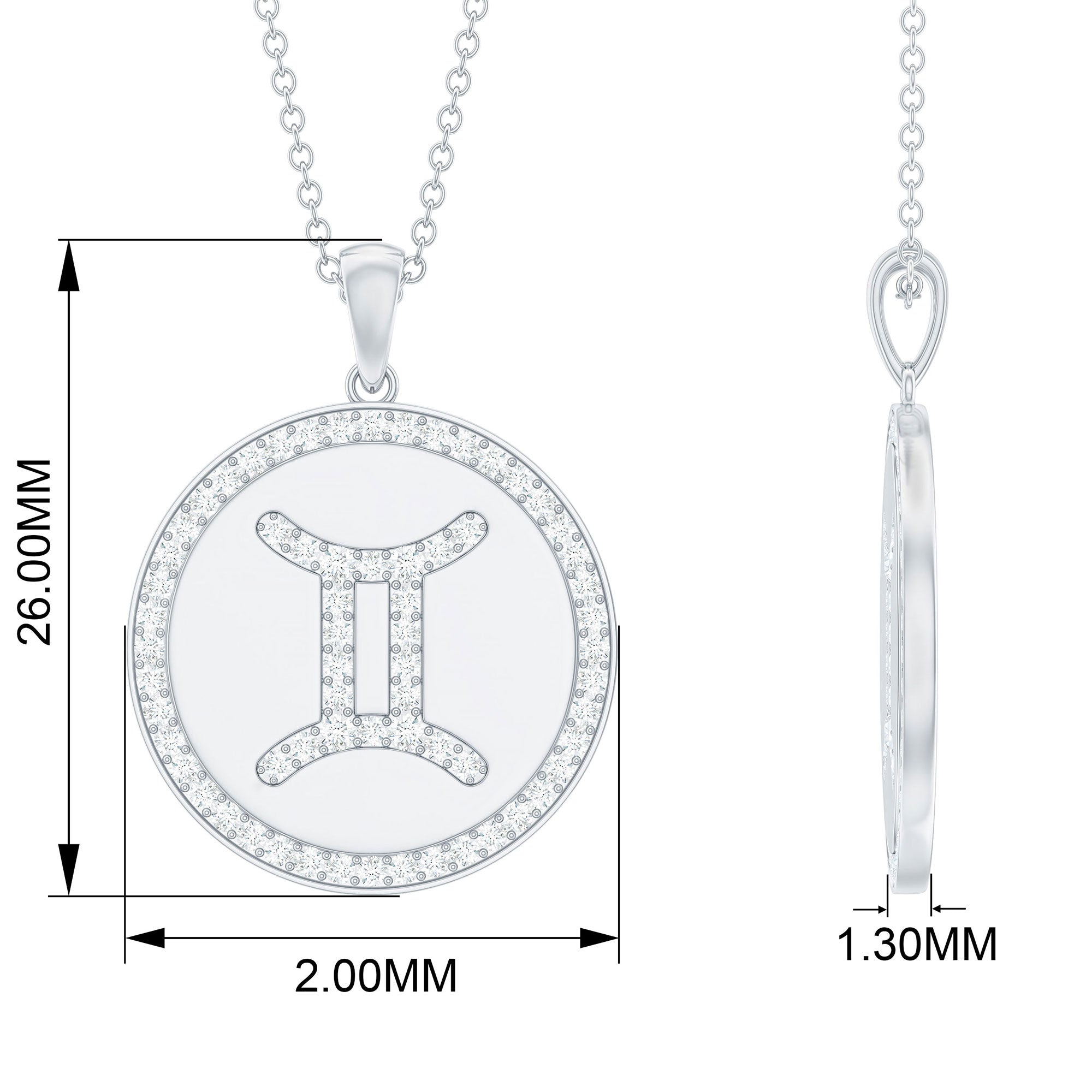 Gemini Zodiac Sign Disc Pendant with Pave Set Moissanite Moissanite - ( D-VS1 ) - Color and Clarity - Rosec Jewels