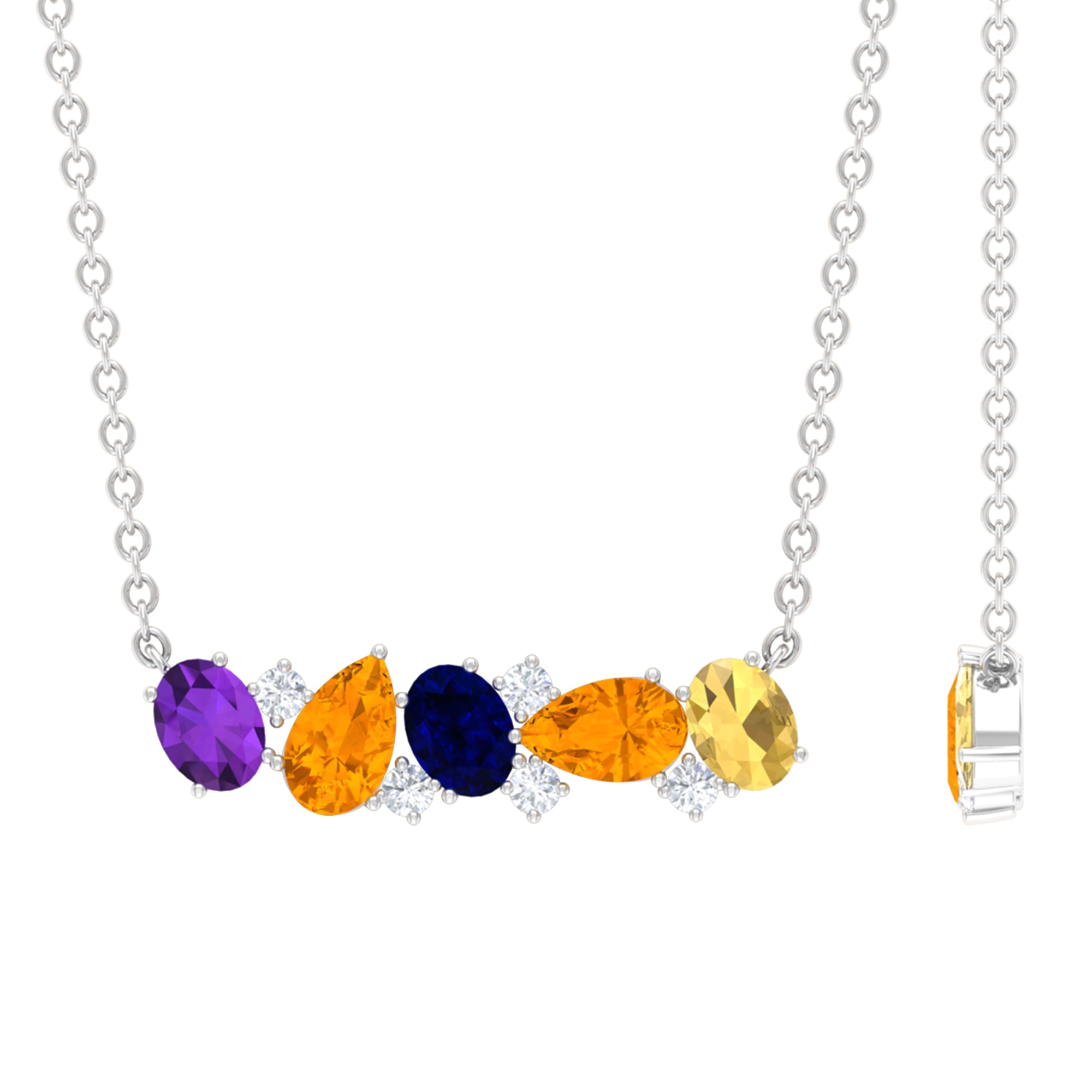 Classic Multi Gemstone Bar Necklace in Gold with Moissanite Amethyst - ( AAA ) - Quality - Rosec Jewels