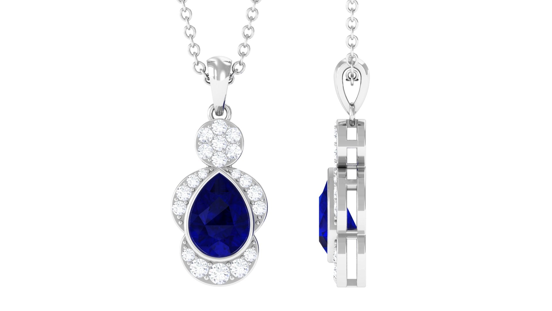 Bezel Set Pear Cut Blue Sapphire Designer Drop Pendant with Diamond Blue Sapphire - ( AAA ) - Quality - Rosec Jewels