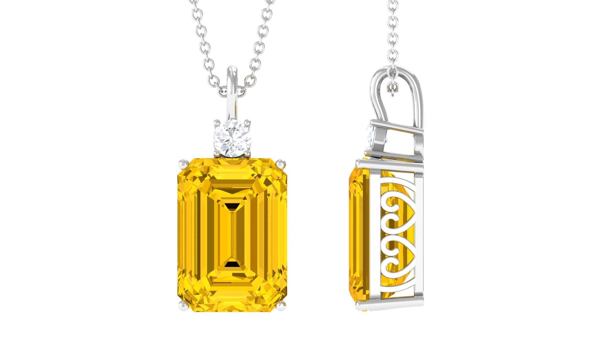 Emerald Cut Solitaire Created Yellow Sapphire Pendant with Moissanite Lab Created Yellow Sapphire - ( AAAA ) - Quality - Rosec Jewels