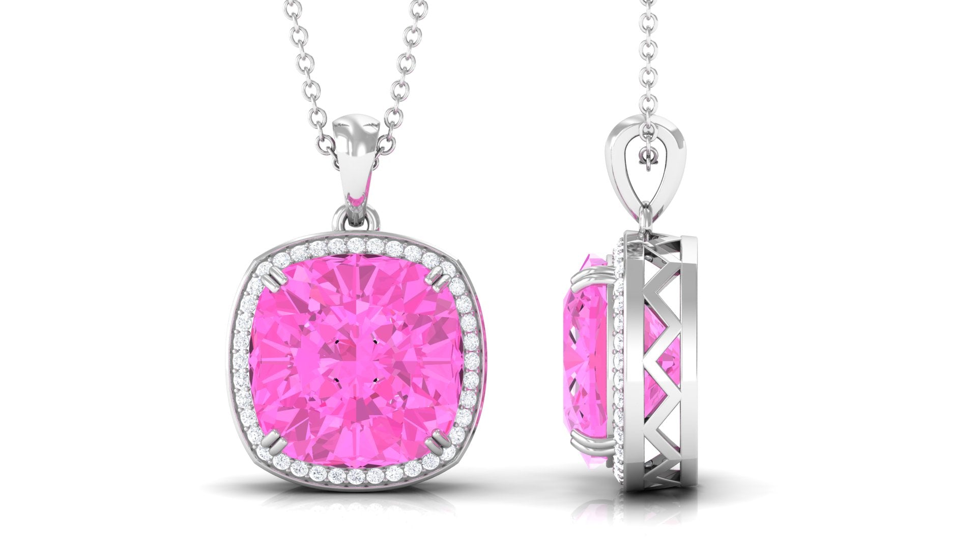 Created Pink Sapphire and Moissanite Halo Pendant Necklace Lab Created Pink Sapphire - ( AAAA ) - Quality - Rosec Jewels