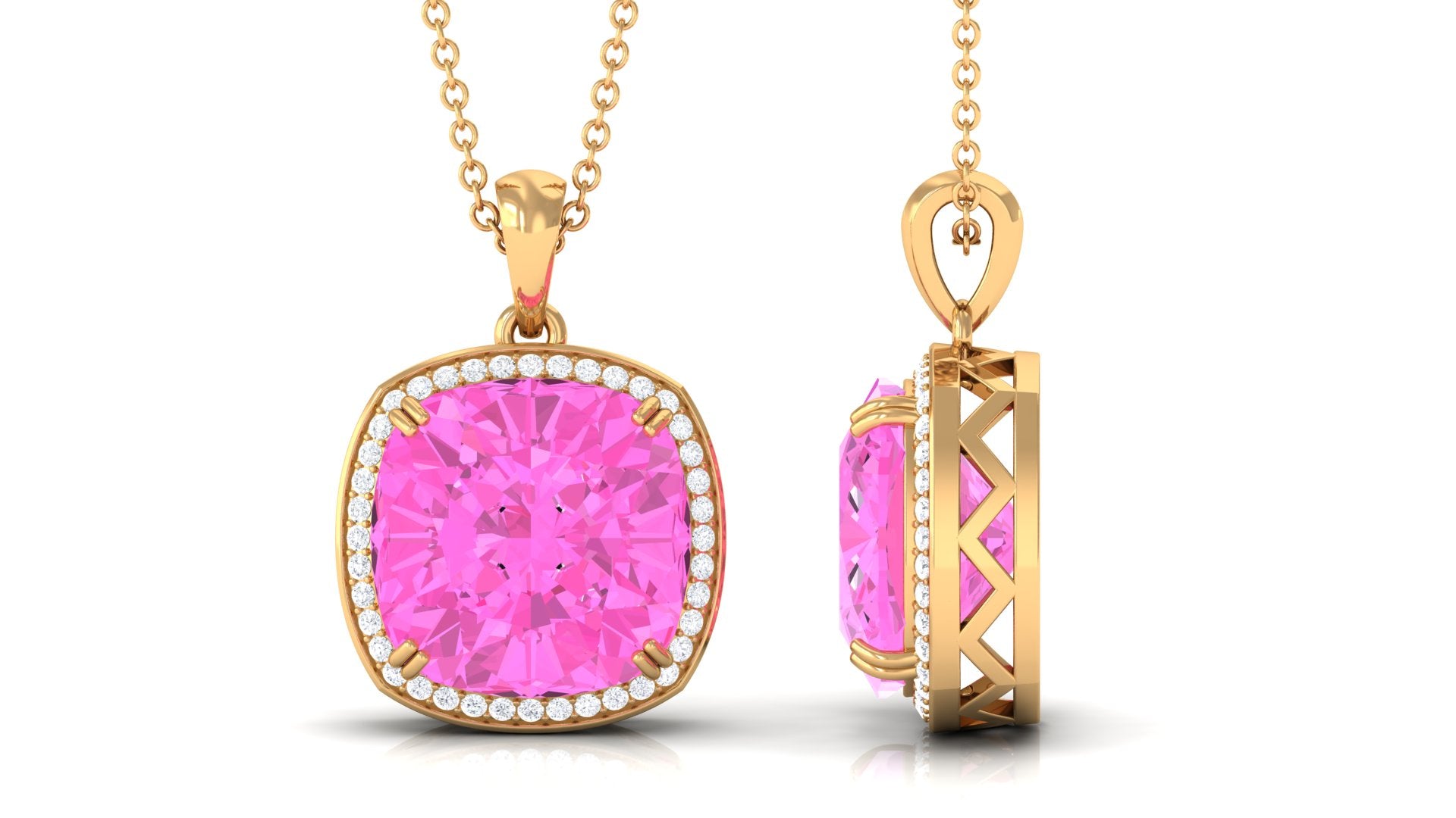 Created Pink Sapphire and Moissanite Halo Pendant Necklace Lab Created Pink Sapphire - ( AAAA ) - Quality - Rosec Jewels