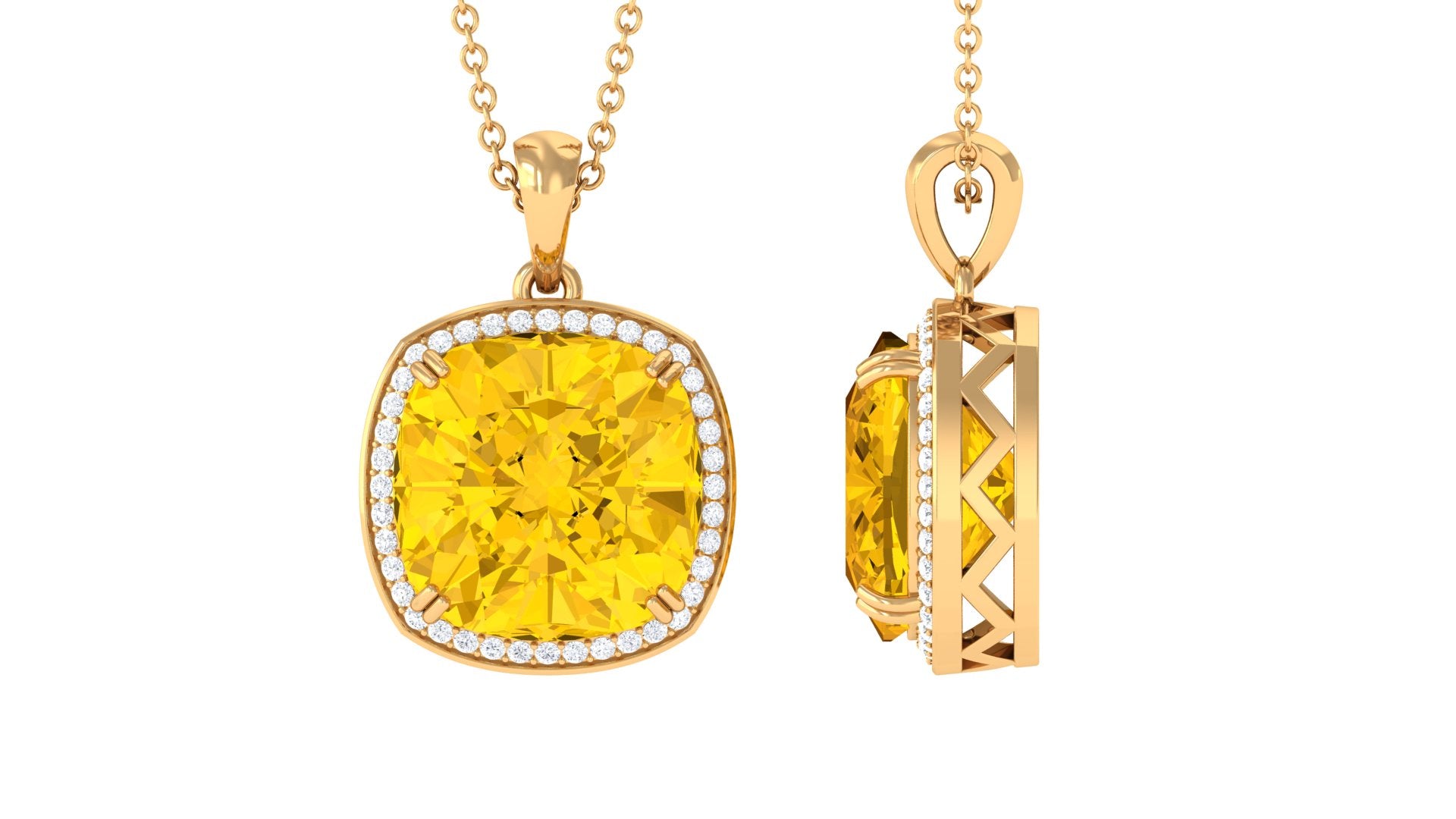 Classic Created Yellow Sapphire and Moissanite Halo Pendant Necklace Lab Created Yellow Sapphire - ( AAAA ) - Quality - Rosec Jewels