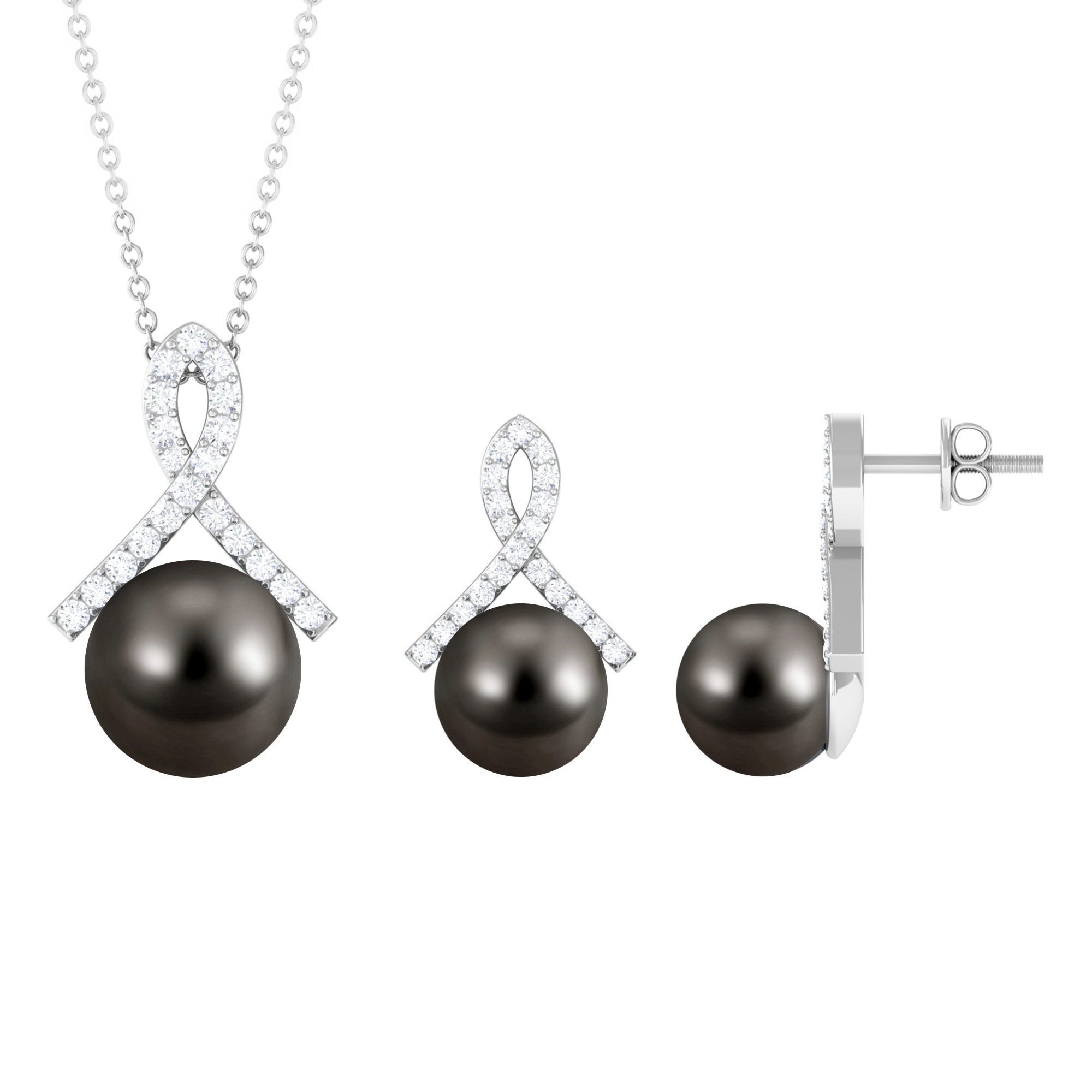 Solitaire Tahitian Pearl Pendant and Earrings Set with Moissanite Tahitian pearl - ( AAA ) - Quality - Rosec Jewels