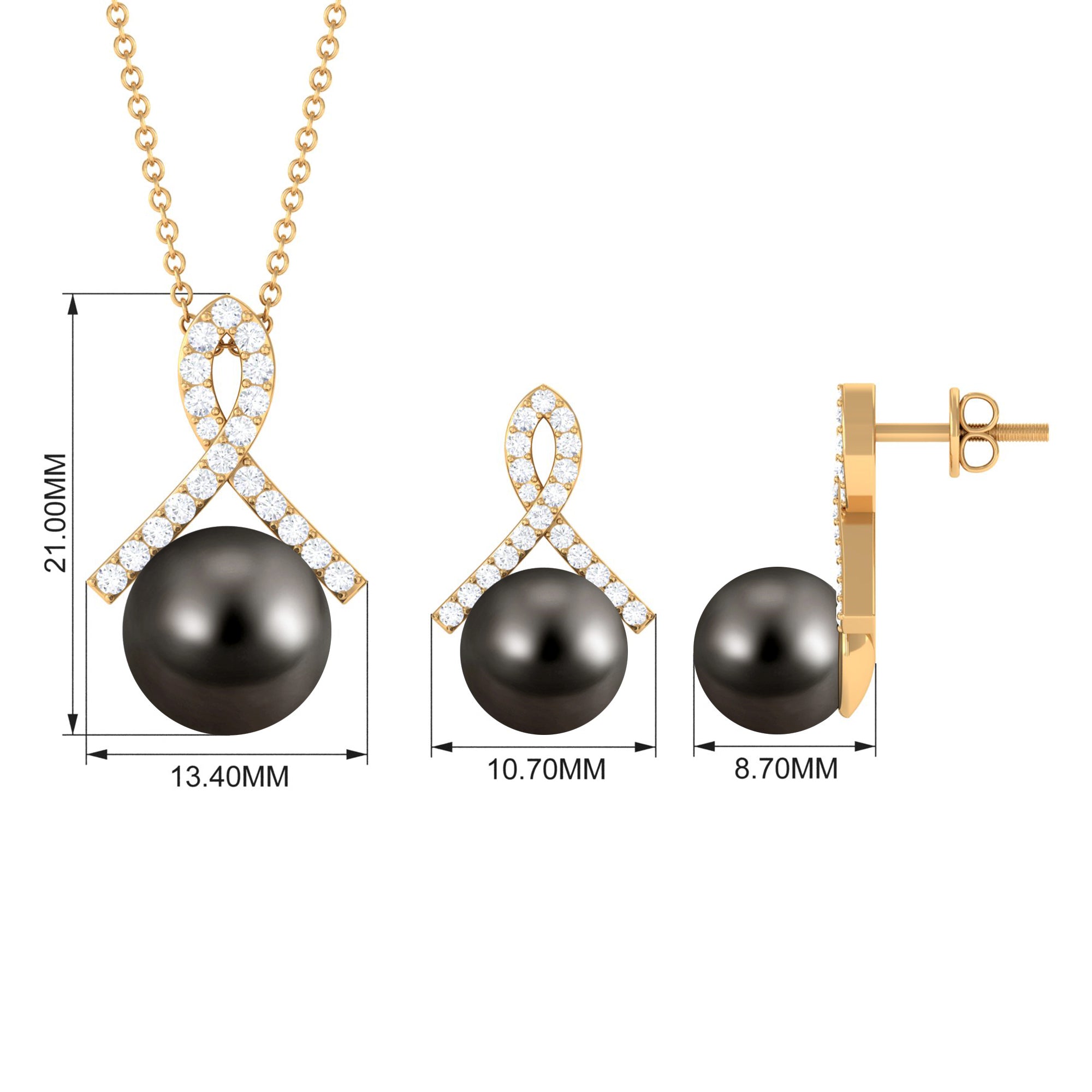 Solitaire Tahitian Pearl Pendant and Earrings Set with Moissanite Tahitian pearl - ( AAA ) - Quality - Rosec Jewels
