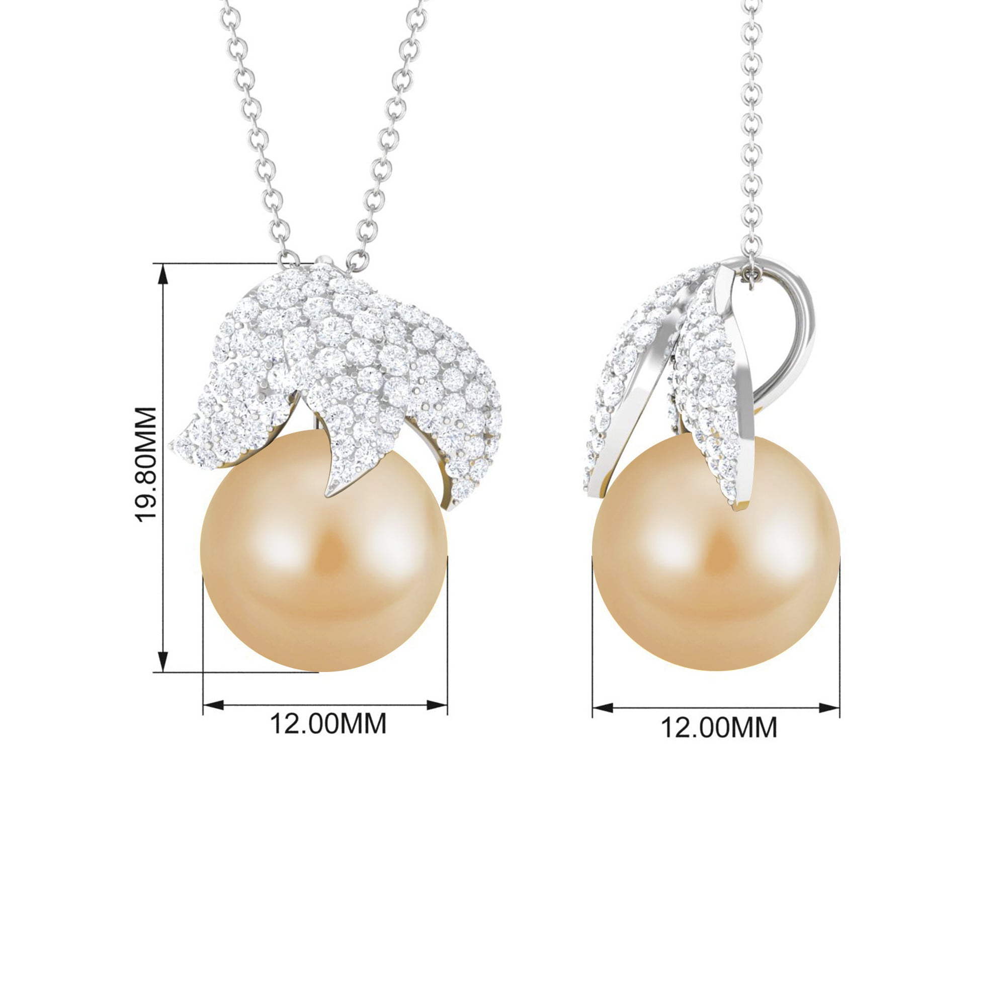 Round South Sea Pearl and Moissanite Leaf Pendant South Sea Pearl - ( AAA ) - Quality - Rosec Jewels