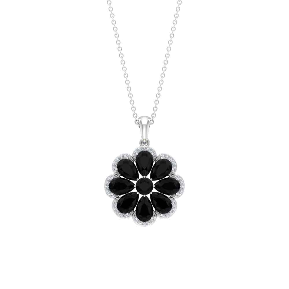 3.25 CT Black Spinel Flower Pendant with Moissanite Halo Black Spinel - ( AAA ) - Quality - Rosec Jewels