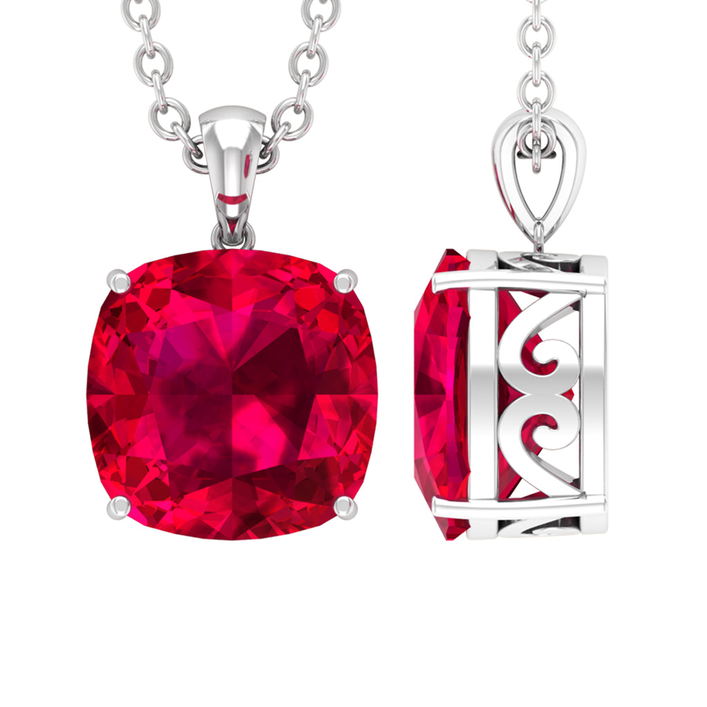 8 MM 4 Prong Set Cushion Shape Created Ruby Solitaire Pendant