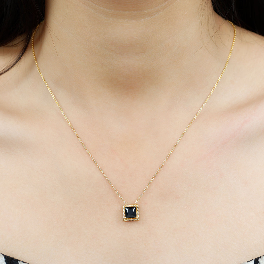7 MM Princess Cut Black Spinel Solitaire Pendant with Rope Frame Details Black Spinel - ( AAA ) - Quality - Rosec Jewels