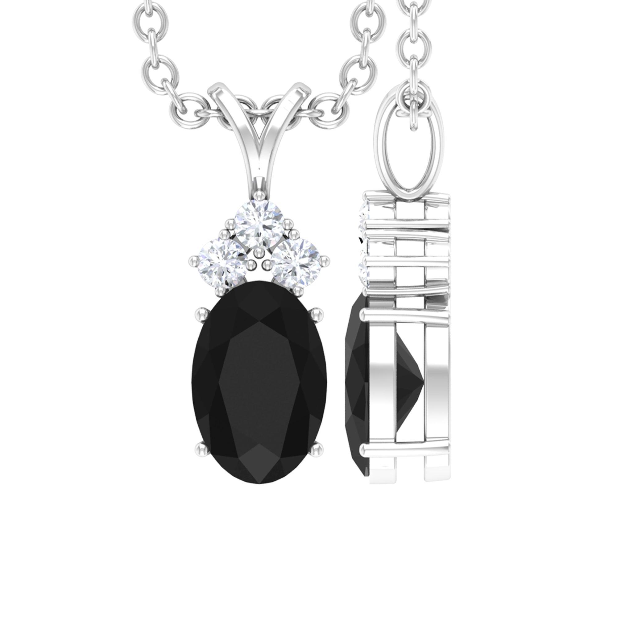 Minimal Black Onyx Oval Pendant Necklace with Diamond Black Onyx - ( AAA ) - Quality - Rosec Jewels