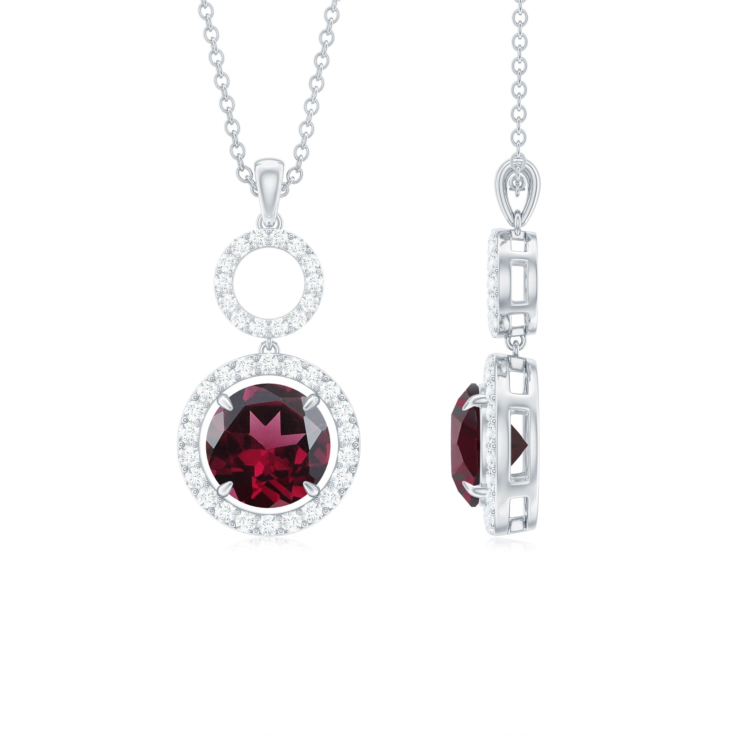 Rhodolite Dangle Pendant Necklace with Diamond Rhodolite - ( AAA ) - Quality - Rosec Jewels