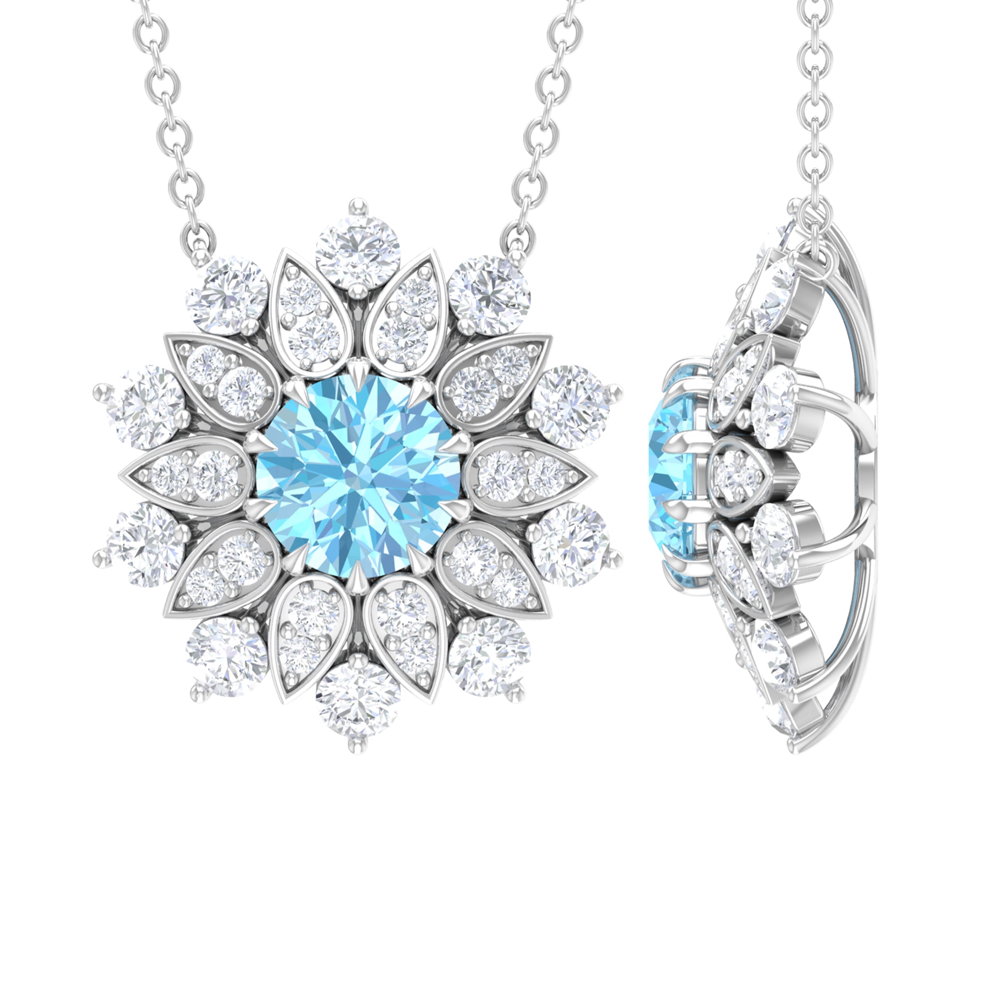 Aquamarine and Moissanite Flower Statement Necklace Aquamarine - ( AAA ) - Quality - Rosec Jewels