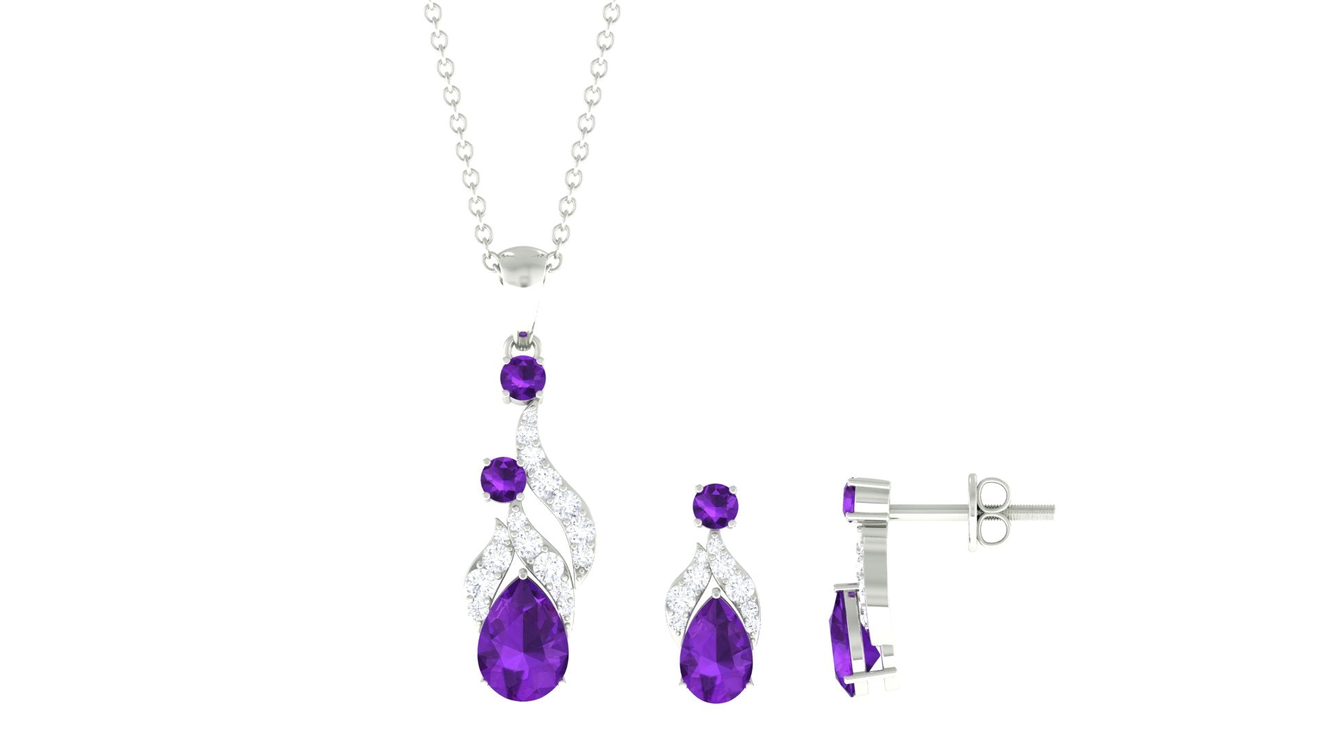 Real Amethyst and Diamond Bridal Dangle Pendant Earrings Set Amethyst - ( AAA ) - Quality - Rosec Jewels