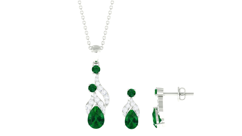 Designer Created Emerald and Diamond Dangle Jewelry Set