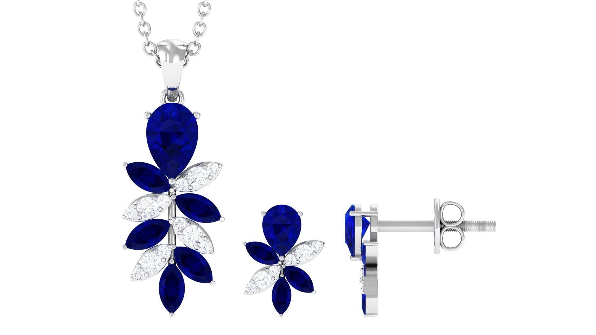 Nature Inspired Created Blue Sapphire Dangle Jewelry Set with Diamond Rosec Jewels UK