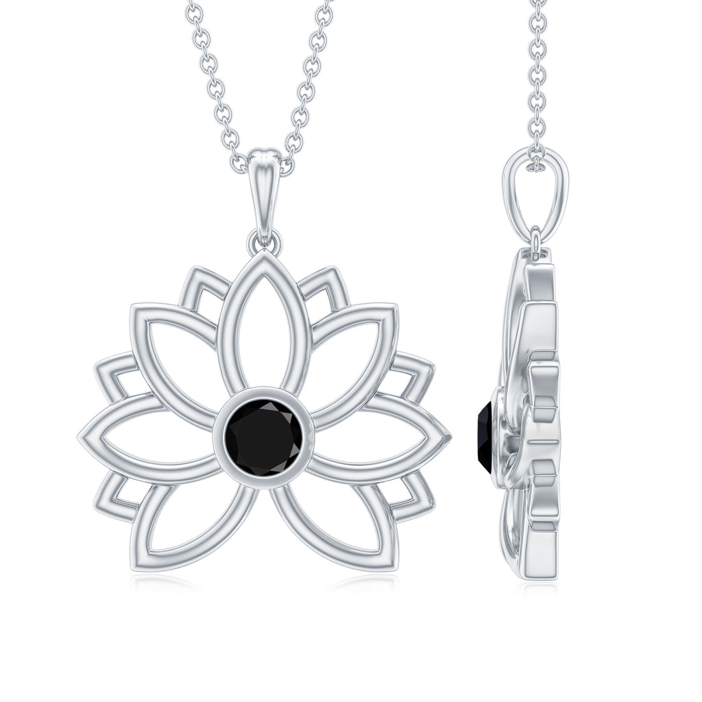 Gold Lotus Flower Pendant with 3 MM Round Cut Black Diamond