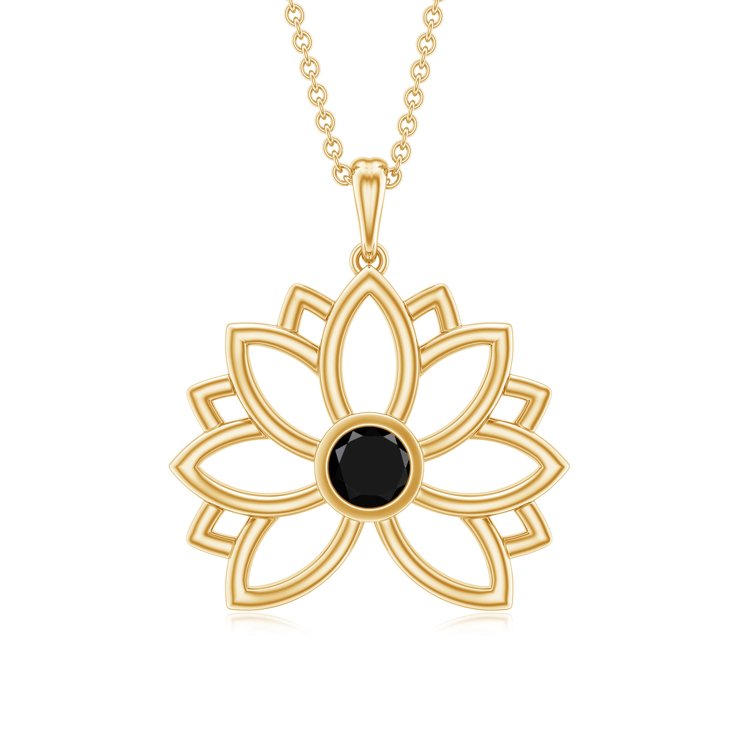 Round Cut Created Black Diamond Gold Lotus Flower Pendant Lab Created Black Diamond - ( AAAA ) - Quality - Rosec Jewels