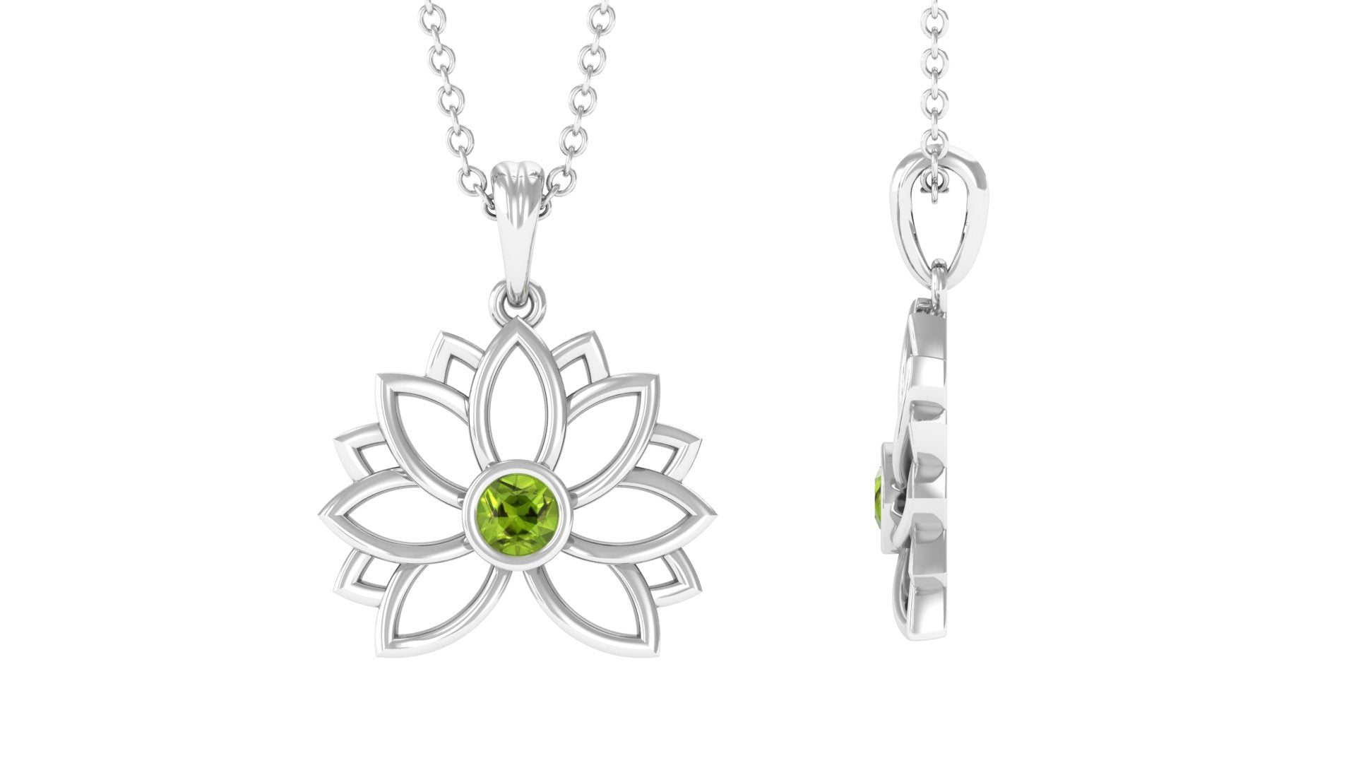 Lotus Flower Pendant with 3 MM Round Cut Peridot Peridot - ( AAA ) - Quality - Rosec Jewels