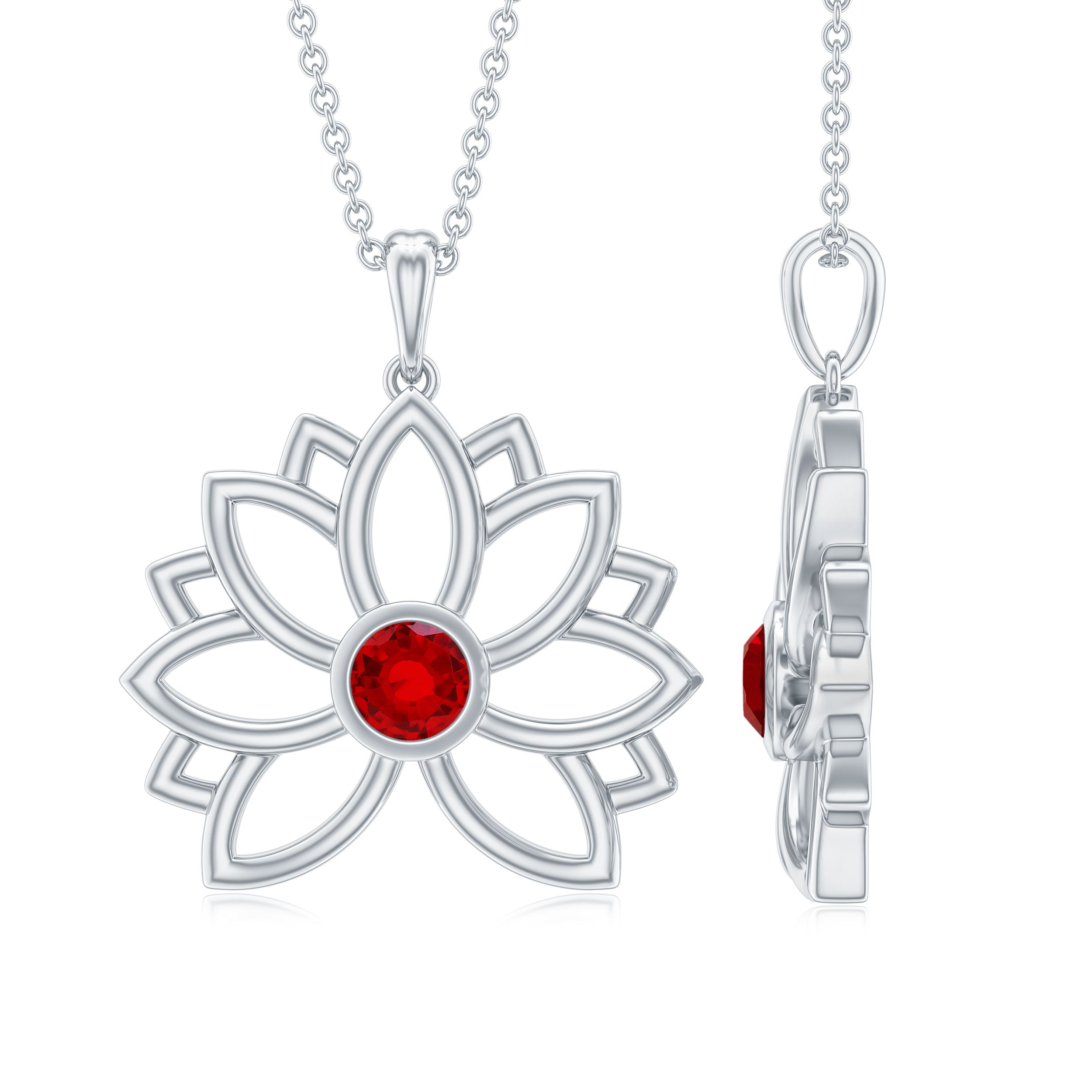 3 MM Created Ruby Lotus Flower Gold Necklace Lab Created Ruby - ( AAAA ) - Quality - Rosec Jewels