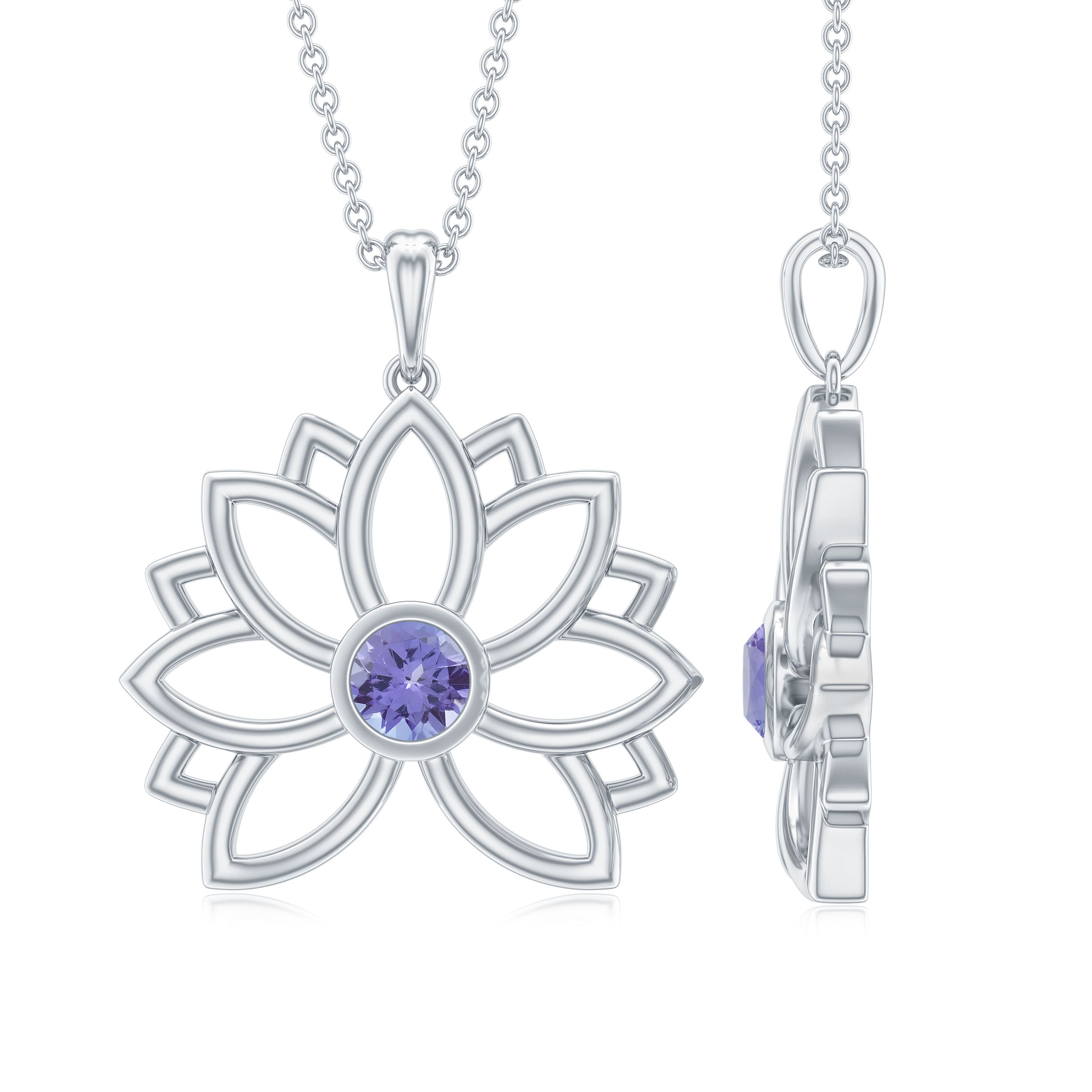 Lotus Flower Pendant with Round Cut Tanzanite Tanzanite - ( AAA ) - Quality - Rosec Jewels