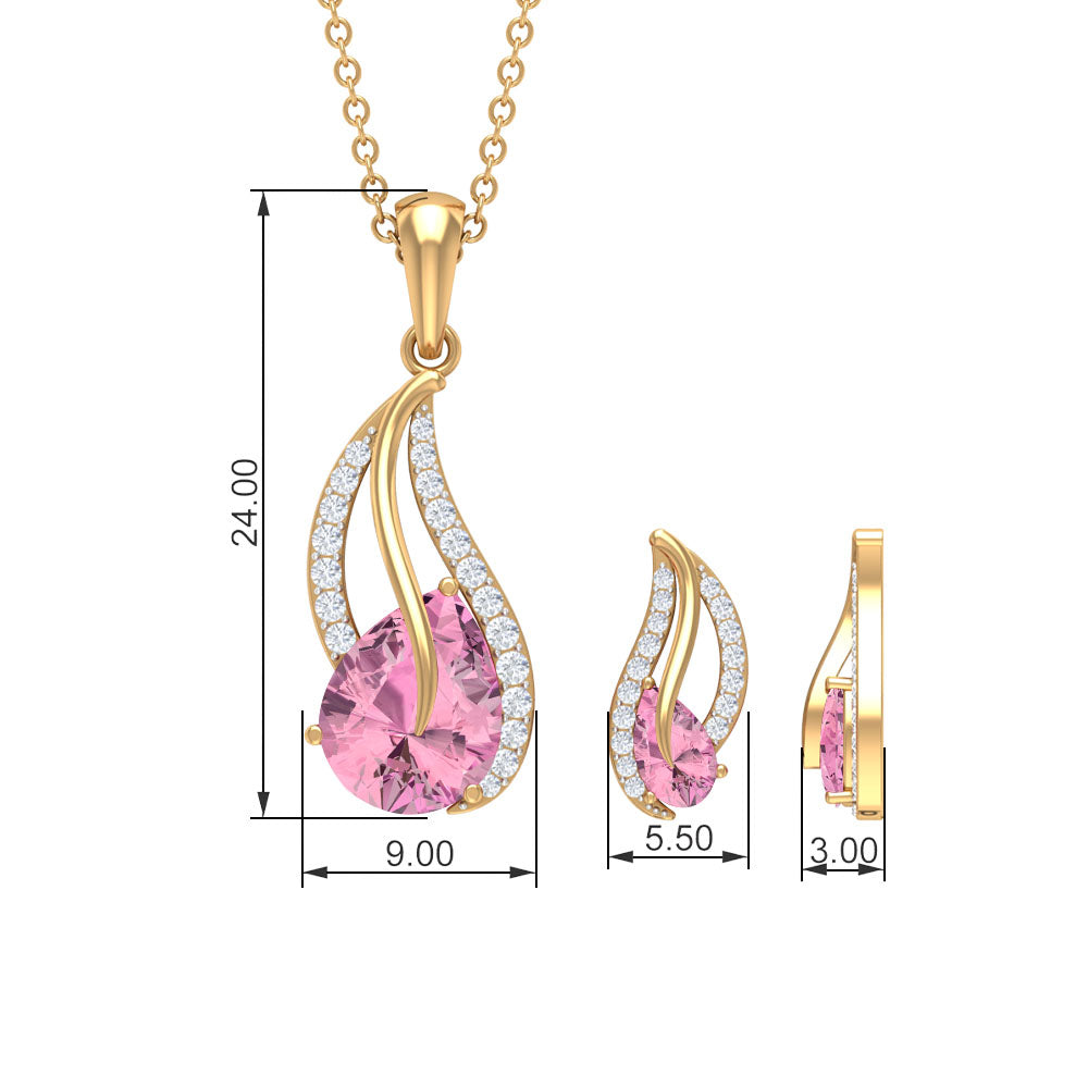 Pear Shape Pink Tourmaline and Diamond Leaf Jewelry Set Pink Tourmaline - ( AAA ) - Quality - Rosec Jewels