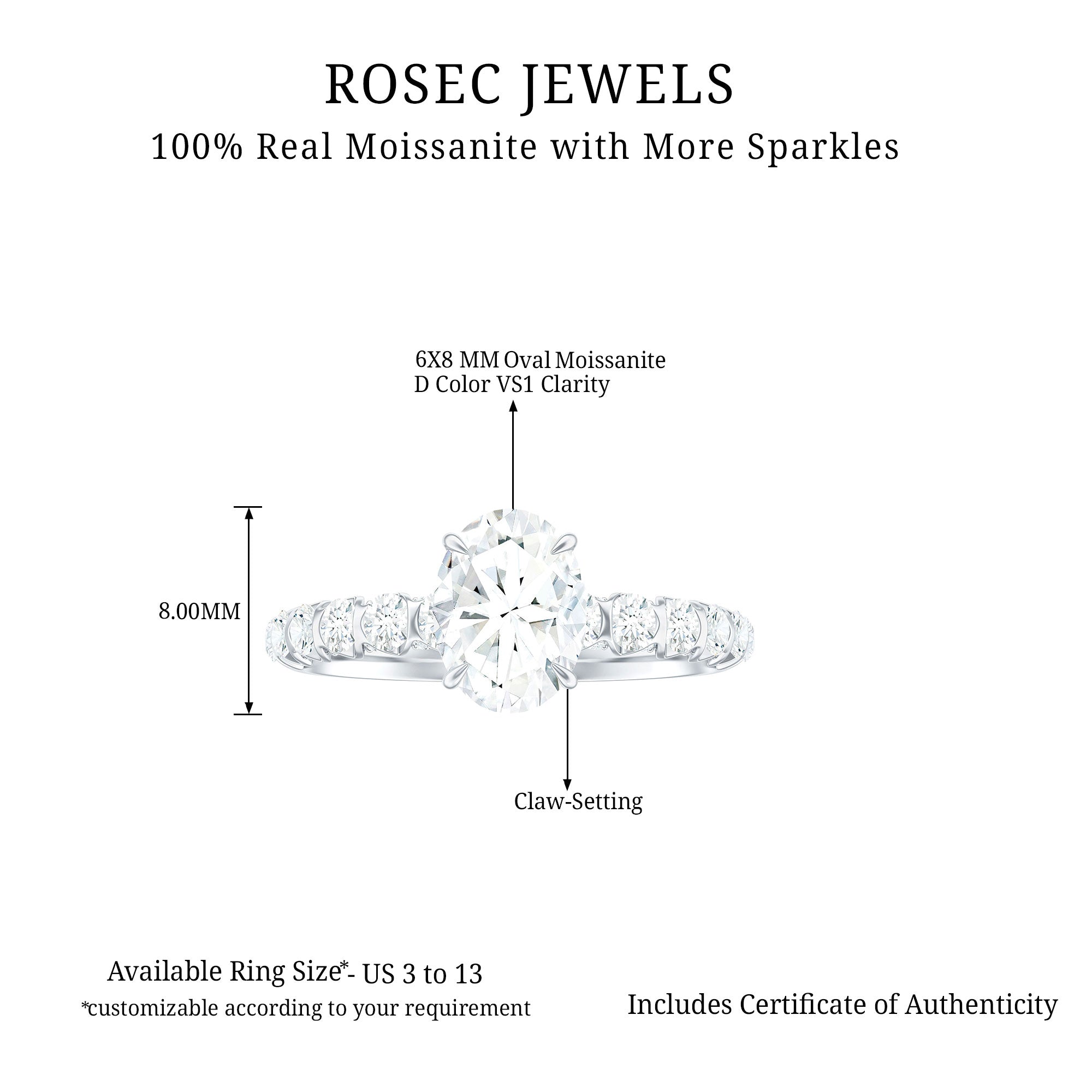 Oval Moissanite Solitaire Engagement Ring with Side Stones Moissanite - ( D-VS1 ) - Color and Clarity - Rosec Jewels