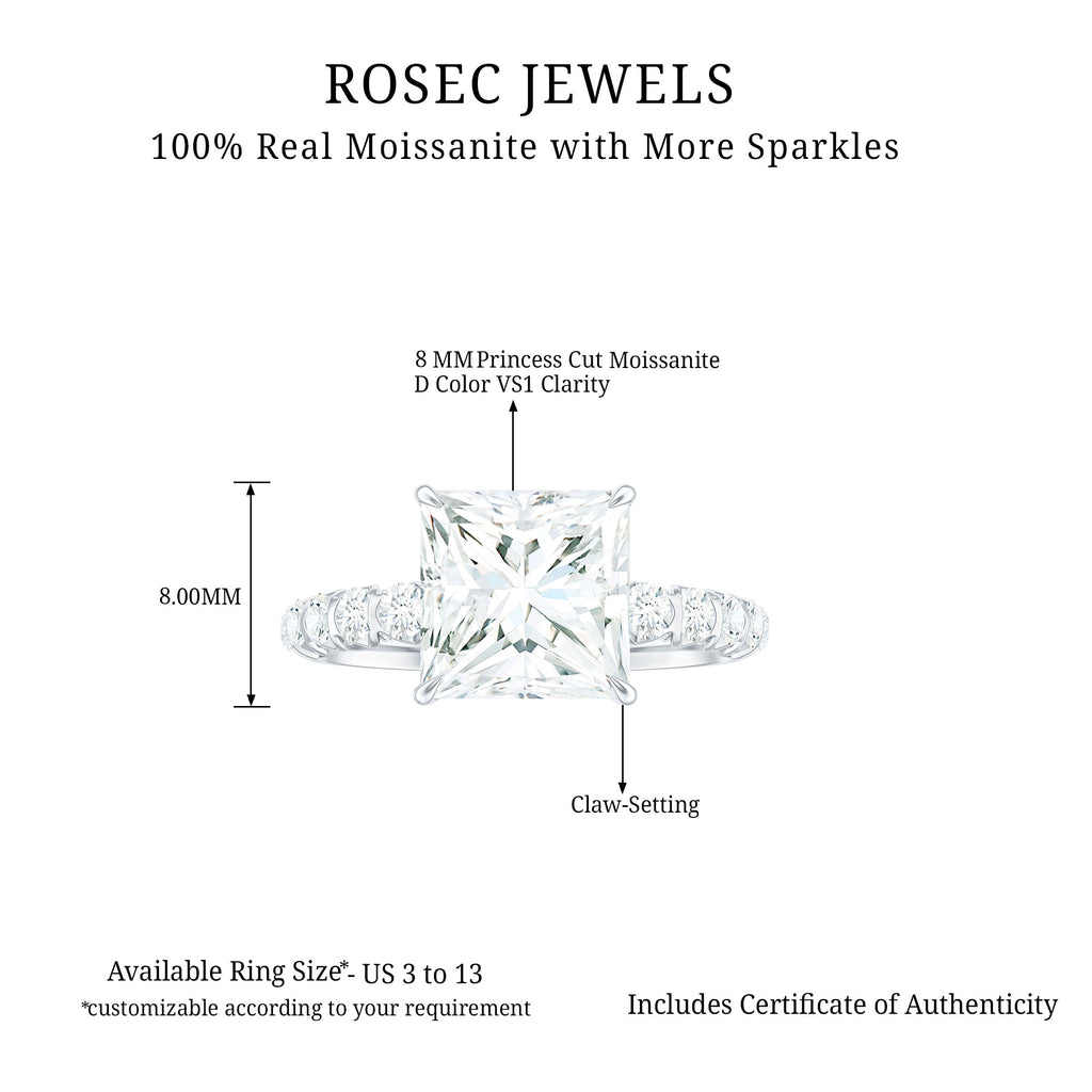 Princess Cut Moissanite Solitaire Engagement Ring with Side Stones Moissanite - ( D-VS1 ) - Color and Clarity - Rosec Jewels UK