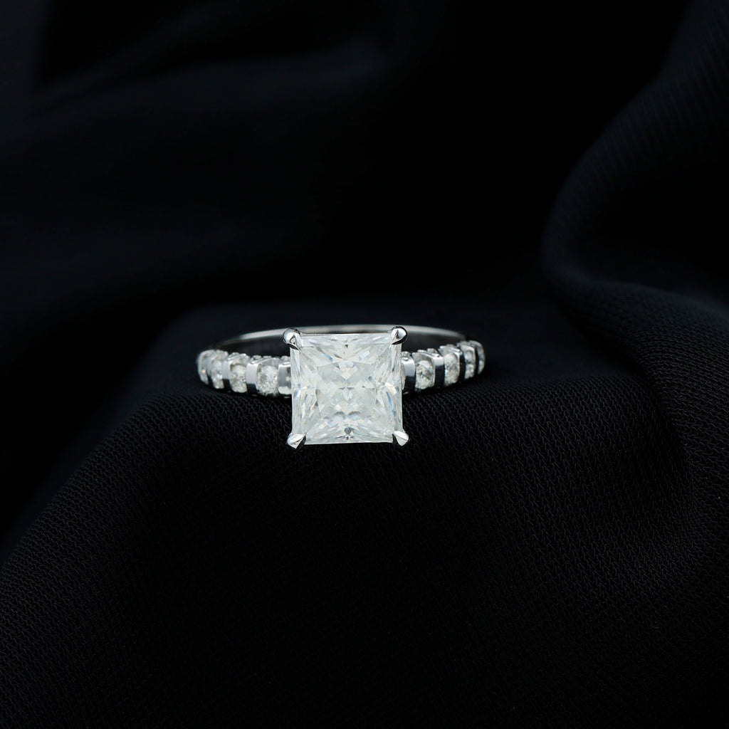 Princess Cut Moissanite Solitaire Engagement Ring with Side Stones Moissanite - ( D-VS1 ) - Color and Clarity - Rosec Jewels UK