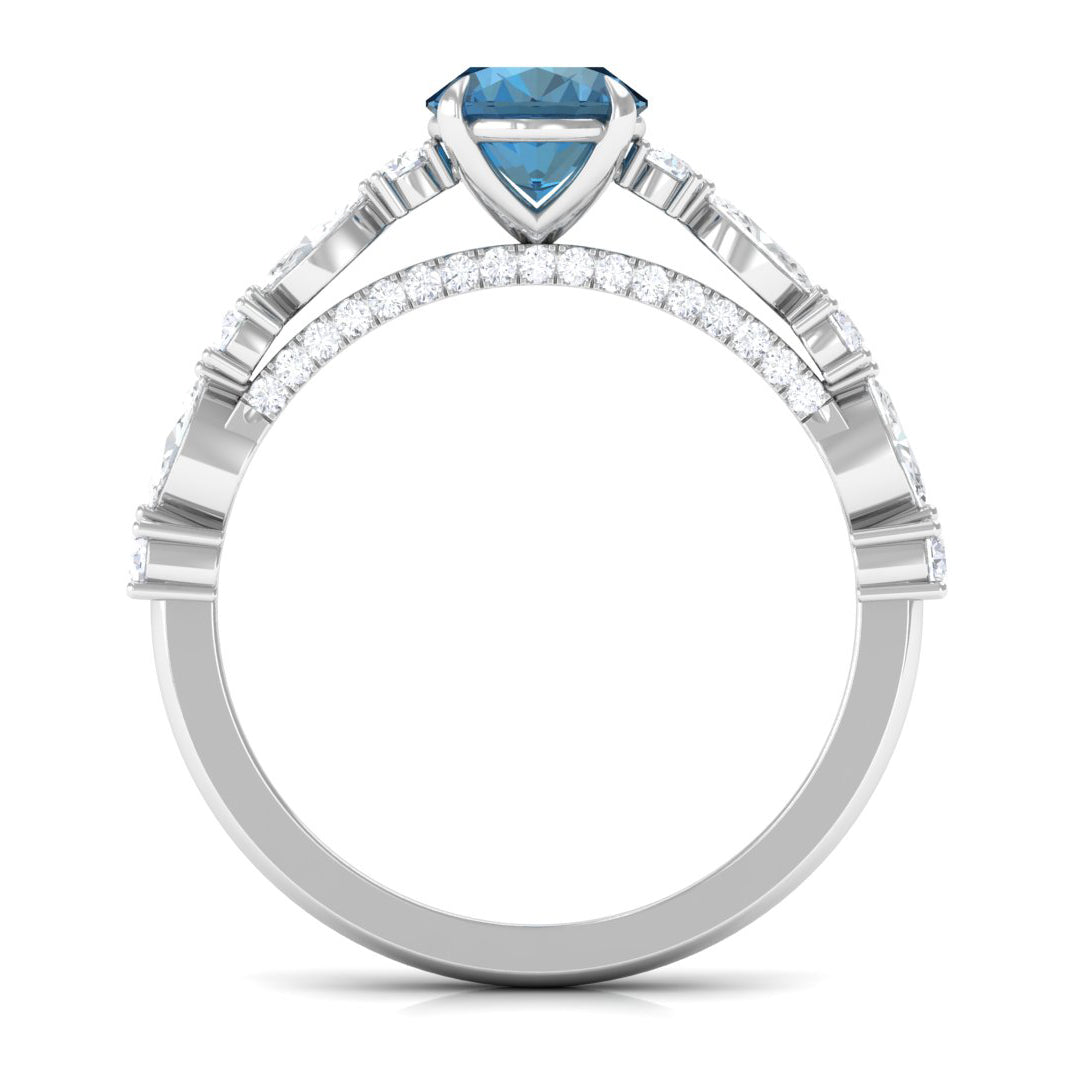 2.25 CT Solitaire Accent Ring with Created London Blue Topaz and Diamond London Blue Topaz - ( AAA ) - Quality - Rosec Jewels