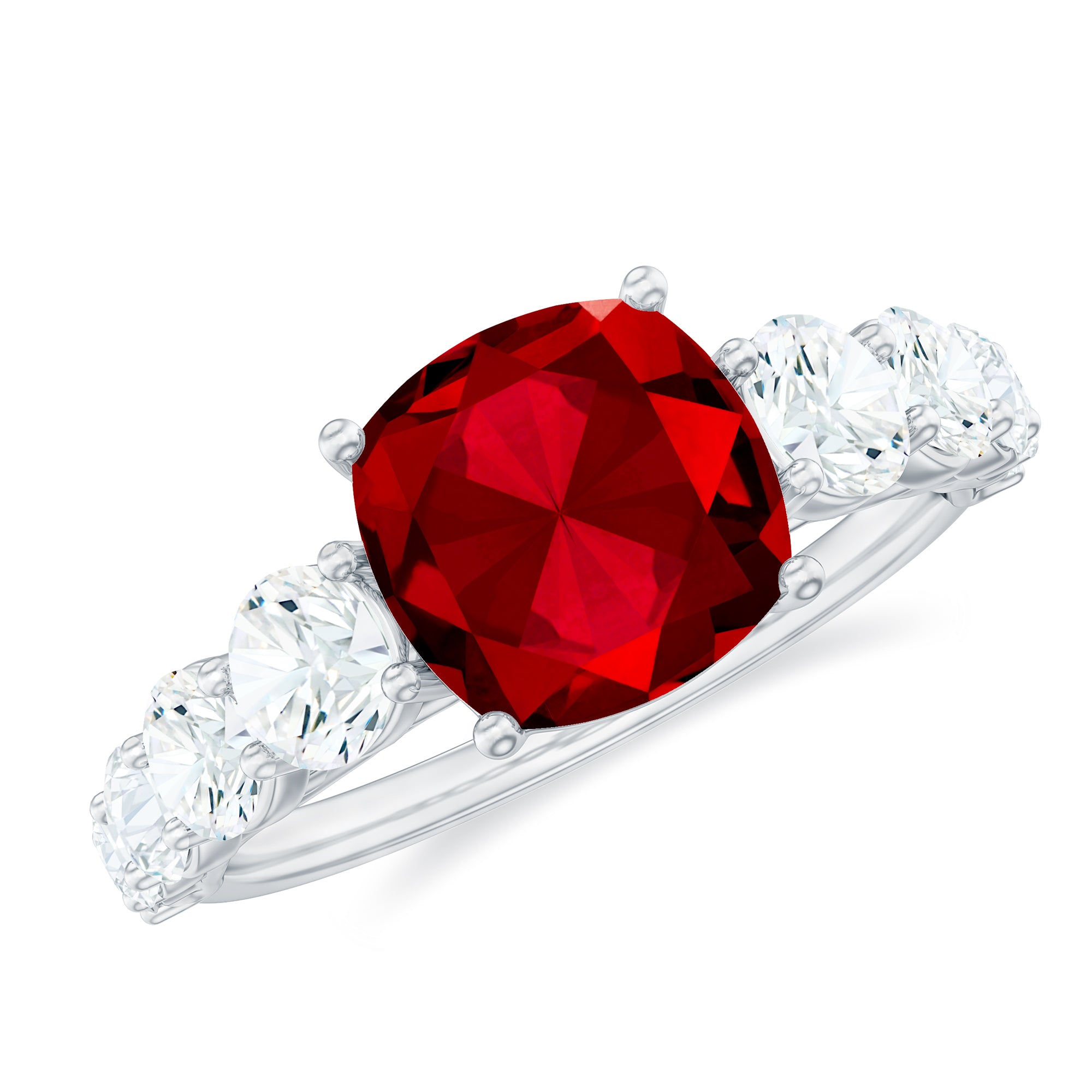 Asscher Cut Created Ruby Solitaire Ring with Moissanite Side Stones Lab Created Ruby - ( AAAA ) - Quality - Rosec Jewels