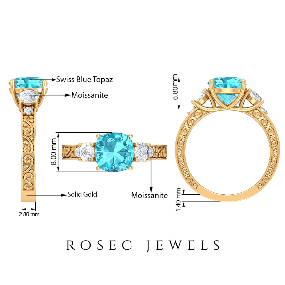 8 MM Three Stone Cushion Cut Swiss Blue Topaz Solitaire with Moissanite Engagement Ring Swiss Blue Topaz - ( AAA ) - Quality - Rosec Jewels