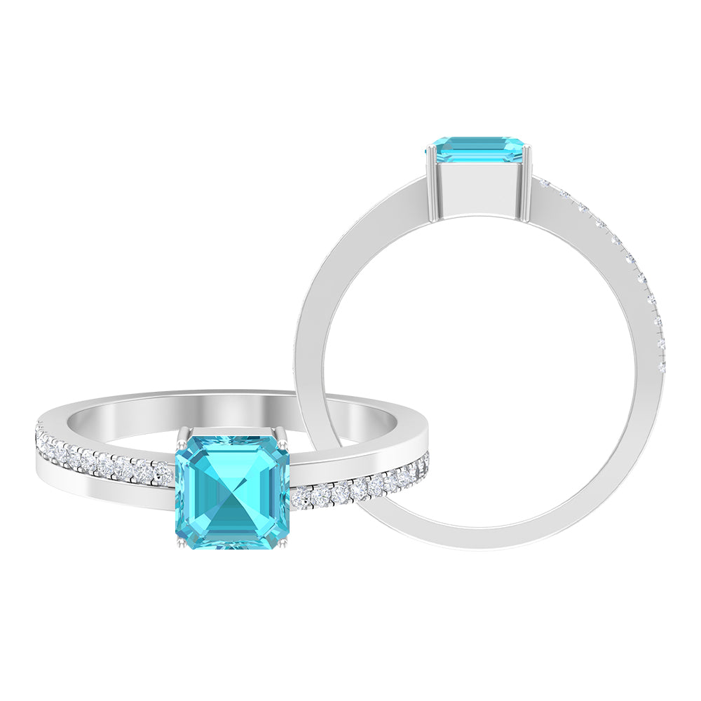 6 MM Two Tone Asscher Cut Swiss Blue Topaz Solitaire with Diamond Side Stone Ring Swiss Blue Topaz - ( AAA ) - Quality - Rosec Jewels