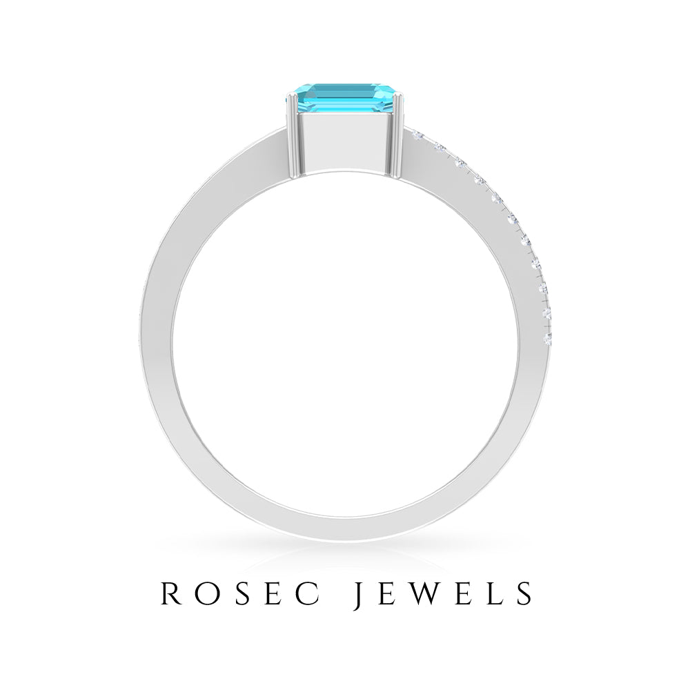 6 MM Two Tone Asscher Cut Swiss Blue Topaz Solitaire with Diamond Side Stone Ring Swiss Blue Topaz - ( AAA ) - Quality - Rosec Jewels
