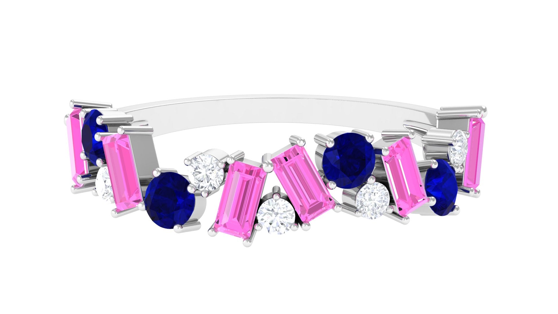 2 CT Lab-Created Pink and Created Blue Sapphire Half Eternity Ring with Moissanite Lab Created Blue Sapphire - ( AAAA ) - Quality - Rosec Jewels