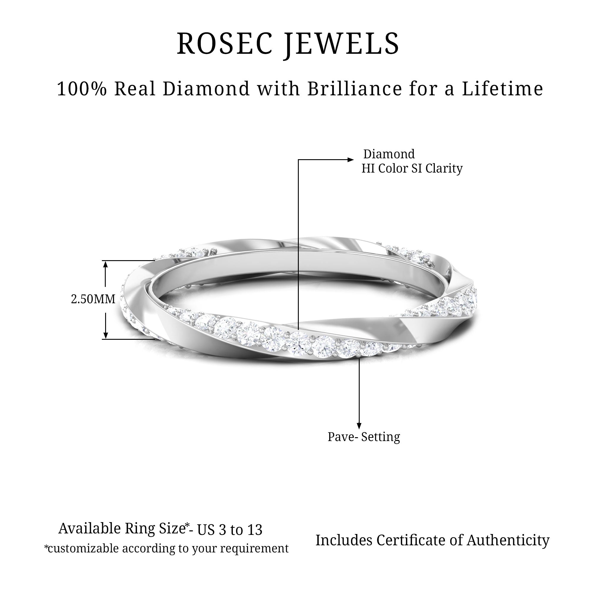 Prong Set Diamond Stackable Ring with Twisted Details Diamond - ( HI-SI ) - Color and Clarity - Rosec Jewels